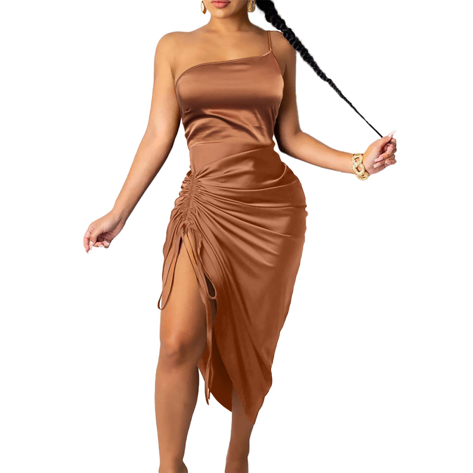 Elegant Women's Satin Cocktail Dress with Spaghetti Straps & Drawstring Waist - Ruched Party Nightclub Evening Gown for Date Night, Wedding Guest & Special Occasions