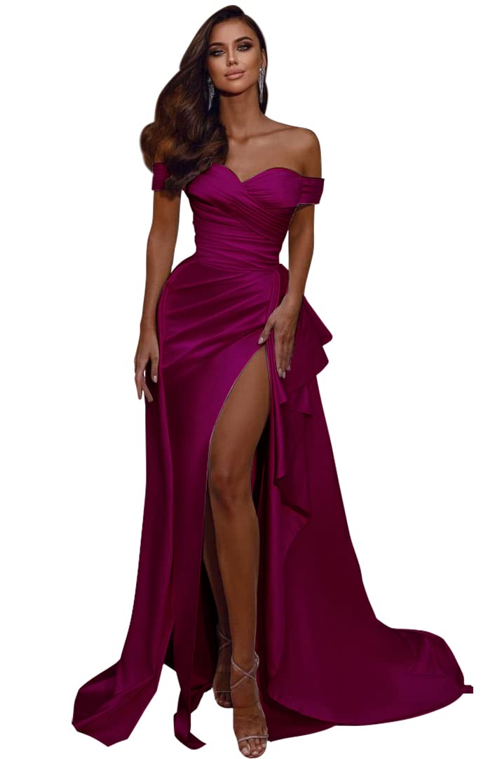 Elegant Off Shoulder Mermaid Prom Dresses 2022 - Satin Formal Evening Gowns with High Slit for Women | Perfect for Wedding Parties, Homecoming & Special Occasions
