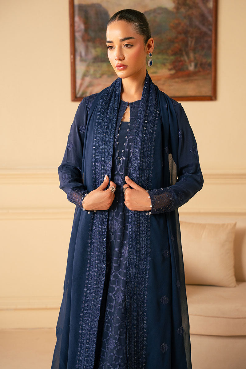 Indigo Blue 4-Piece Embroidered Chiffon Suit Set for Women | Elegant Party & Wedding Outfit | Perfect for Special Occasions & Festive Events