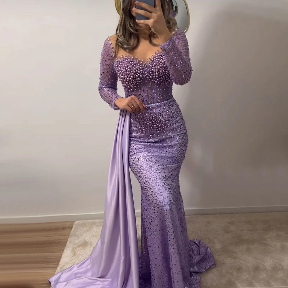 Elegant Purple Mermaid Evening Dress with Overskirt & Pearl Beading - Luxury Women's Formal Gown for Weddings, Prom, Black Tie Events & Special Occasions