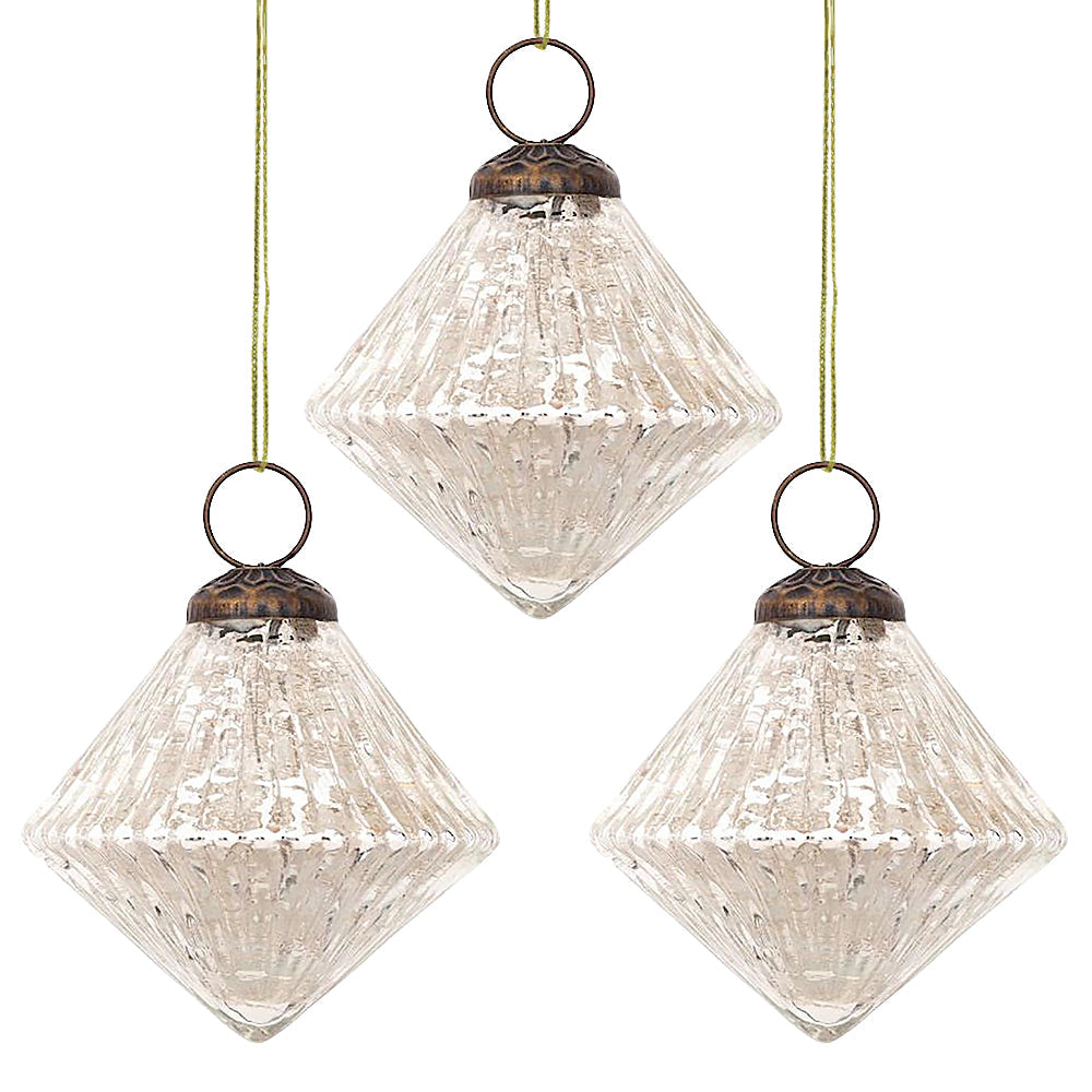 3-Pack Silver Adele Mercury Glass Diamond Ornaments - Elegant Christmas Tree Decorations for Holiday Home & Party Decor
