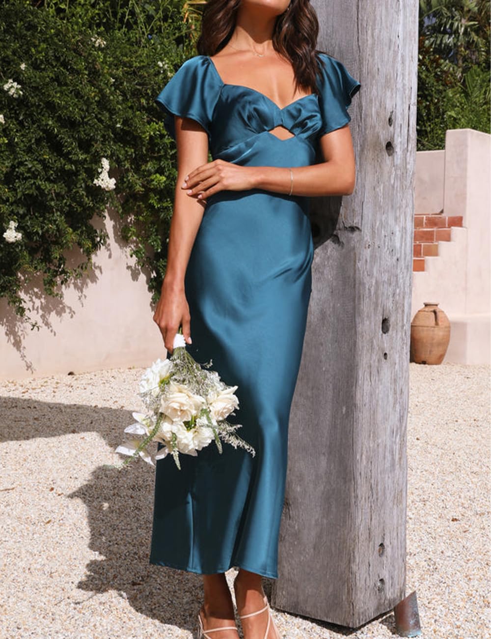 Elegant Summer Satin Flutter Sleeve Wedding Guest Dress for Women - Sweetheart Neckline, Cutout Back with Tie Detail, Midi Cocktail Dress | Perfect for Weddings, Parties & Special Occasions