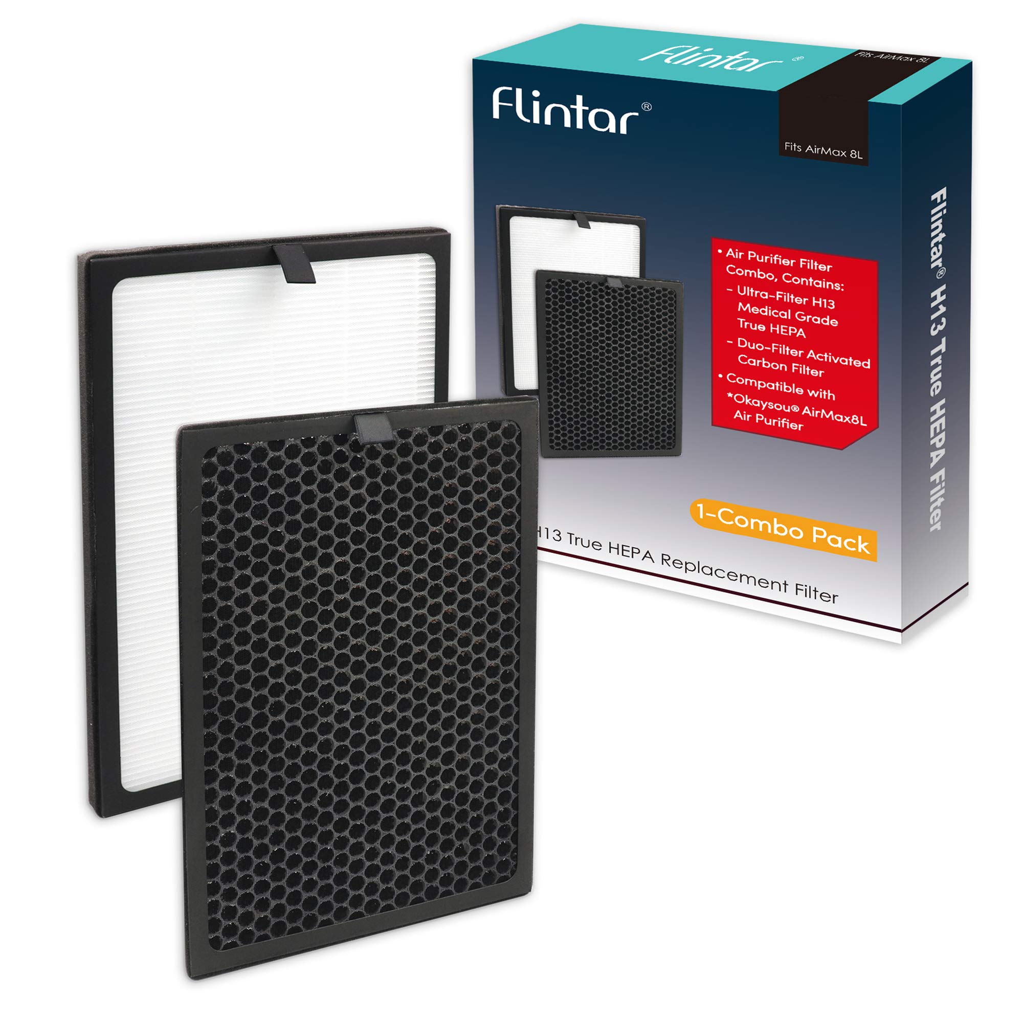 Flintar Air Max 8L True HEPA Replacement Filter Set - Compatible with Okaysou AirMax8L Air Purifier - H13 True HEPA & Activated Carbon Filter Combo Pack - Eliminates Dust, Pollen, Pet Dander & Odors for Cleaner Indoor Air