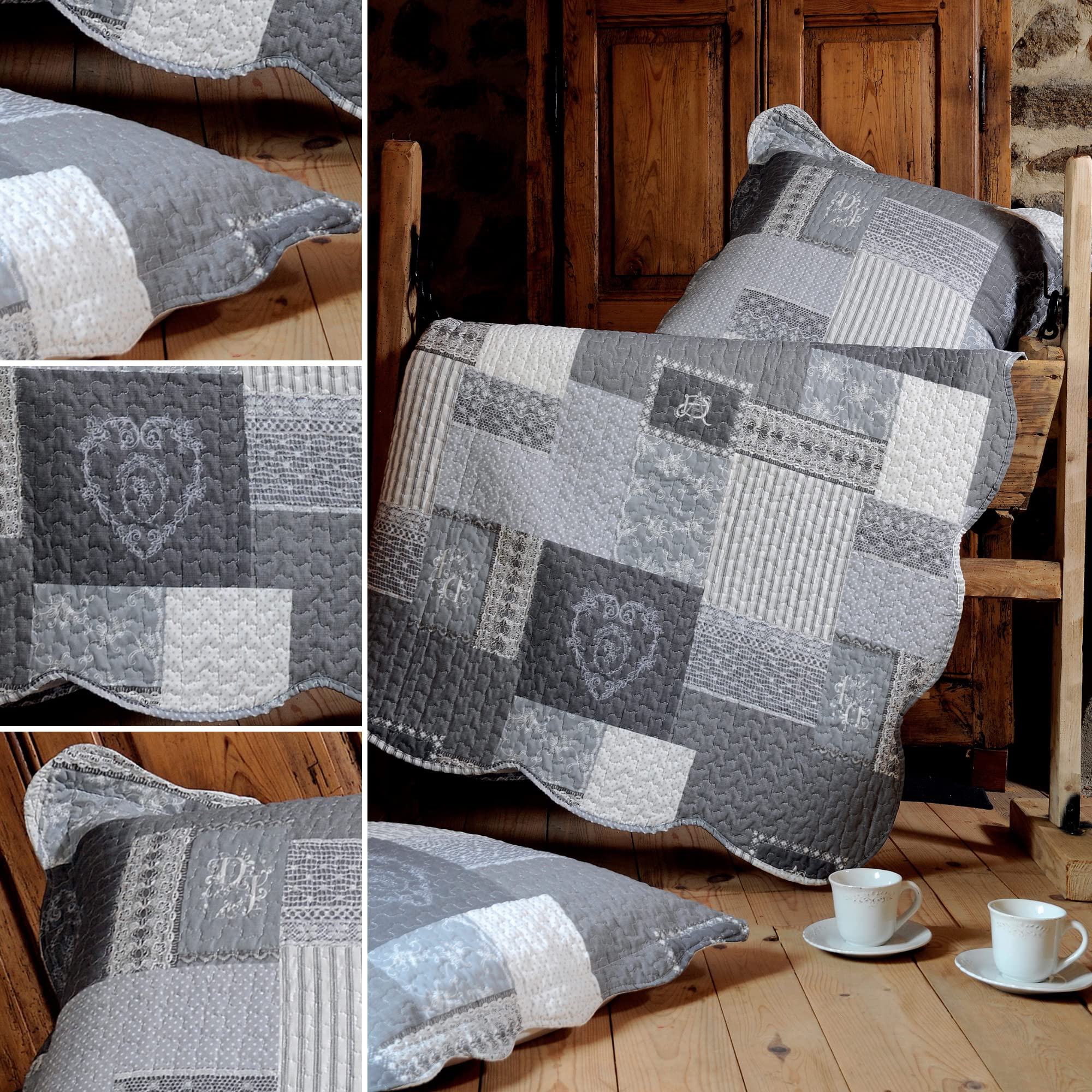 Boutis Bedspread Set with 2 Pillowcases - Handmade Cotton Quilted Coverlet - Arkansas Style Home Decor for Master Bedroom & Guest Room