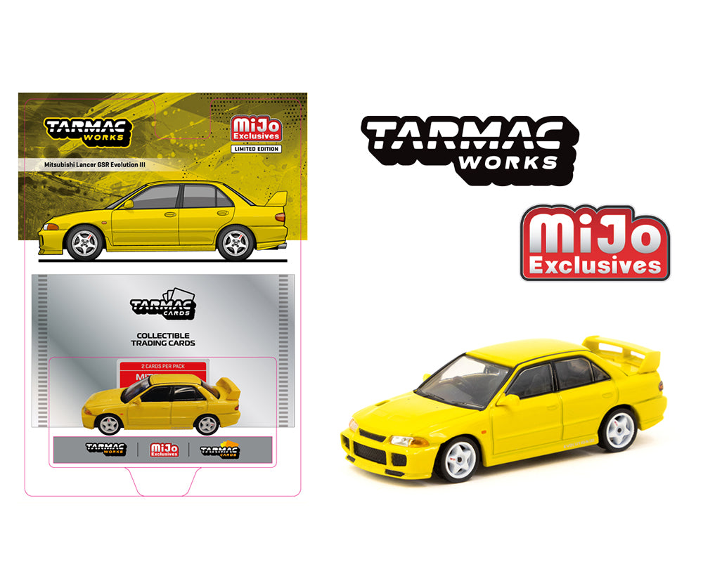 Tarmac Works 1:64 Scale Mitsubishi Lancer GSR Evolution III Diecast Model Car - Yellow - Collectible Miniature Vehicle for Display, Racing Enthusiasts & Diecast Collectors