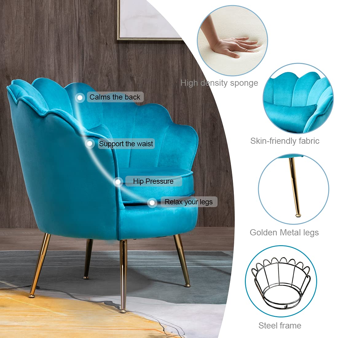 2 Modern Velvet Accent Chairs with Golden Metal Legs - Living Room, Bedroom & Makeup Chair Set - Soft Azure Blue Upholstery - Perfect for Home Decor, Guest Seating & Vanity Areas
