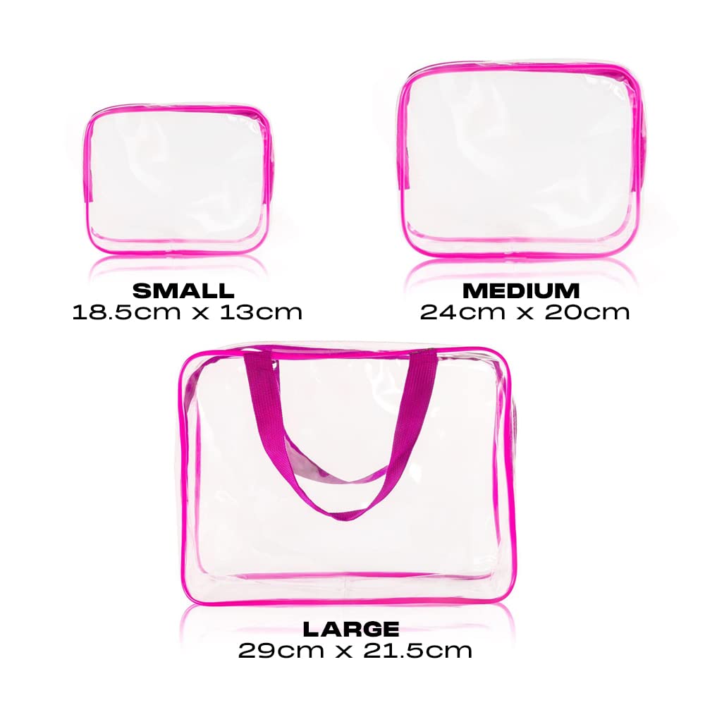 **GLAMZA® 6-Piece Clear Travel Toiletry Bag Set - Small, Medium & Large PVC Cosmetic Organizers for Men & Women | Includes 5x 50ml Travel Bottles | Perfect for Makeup, Toiletries & Airplane Carry-On (Pink)**