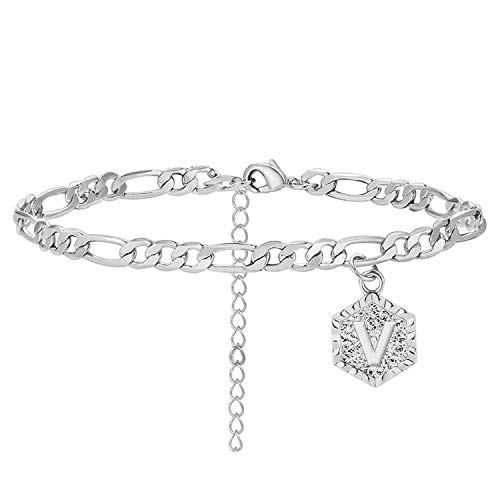 Silver Initial Anklet for Women - Personalized Cuban Chain Ankle Bracelet with Alphabet Letters - Dainty Foot Jewelry for Teen Girls & Women - Perfect for Gifts, Beach Outfits, and Everyday Wear