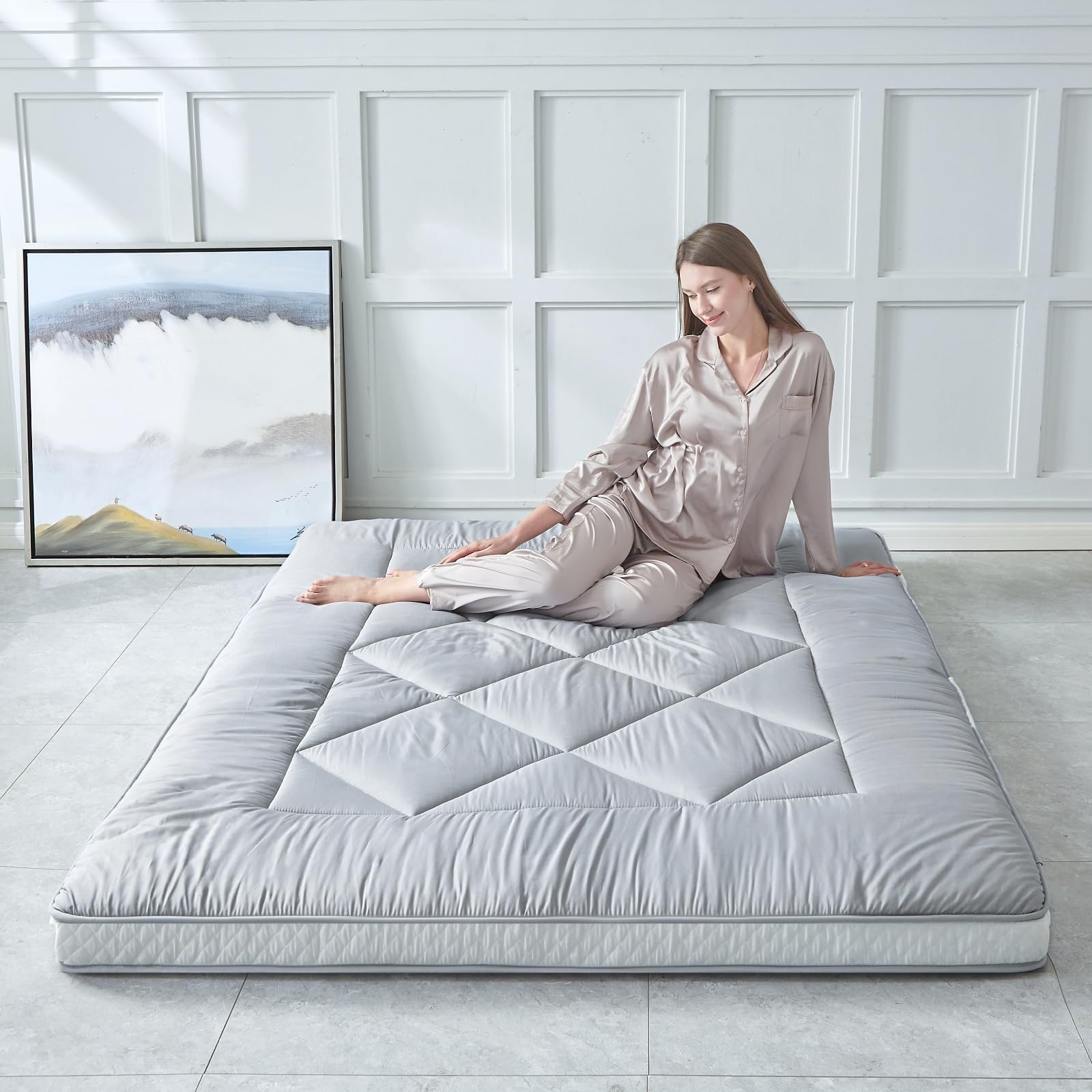 Japanese Floor Mattress Futon - Extra Thick Roll-Up Tatami Mattress Bed Topper | Guest Bed, Lounger & Travel Mattress | Queen Size Gray | Perfect for Small Spaces, Camping & Home Yoga