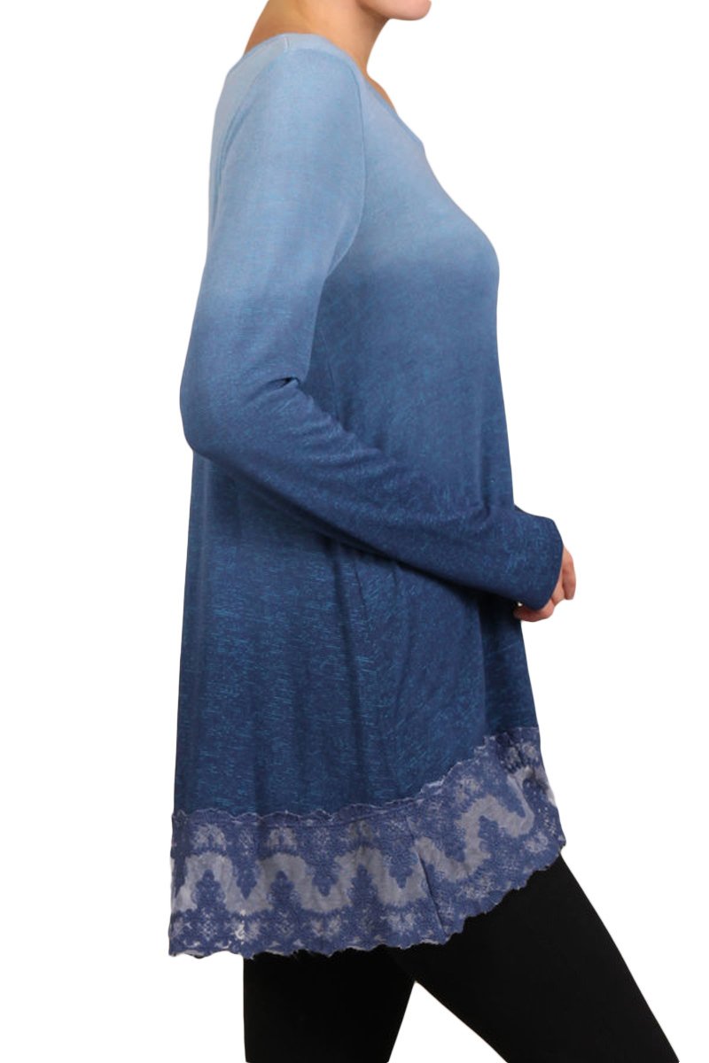HEYHUN Women's Ombre Long Sleeve Knit Tunic Top with Crochet Patch - Stylish Boho Blouse for Casual Wear, Layering & Fall Fashion