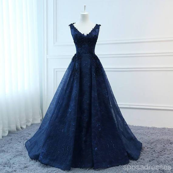Navy Blue V-Neck Corset A-Line Lace Prom Dress for Evening Gala - Custom Long Formal Gown for Weddings, Homecoming & Special Occasions