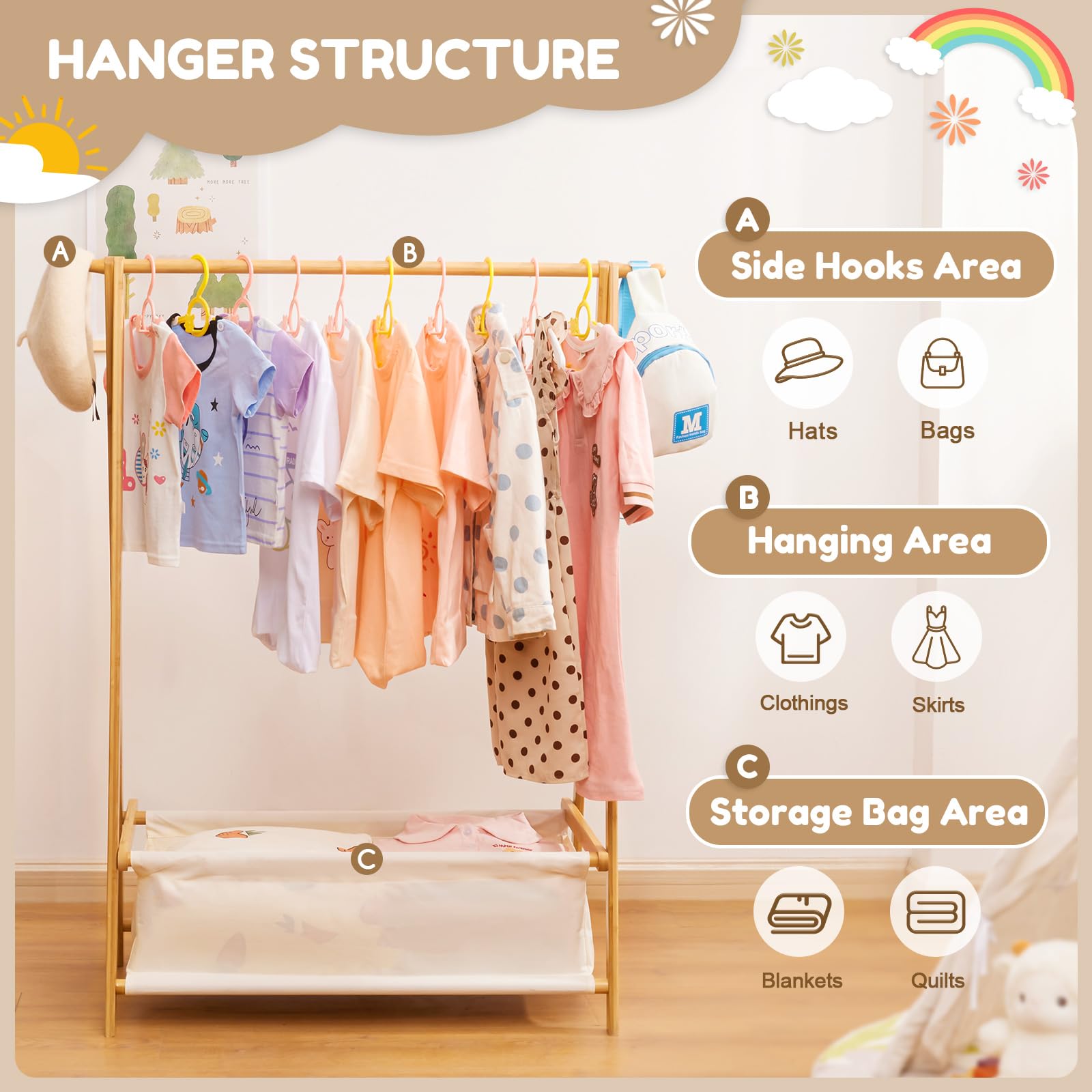 Kids Clothing Rack with Storage Box - Foldable Bamboo Garment Stand with Hanging Rods for Children's Wardrobe | Perfect for Bedroom, Nursery & Playroom Organization
