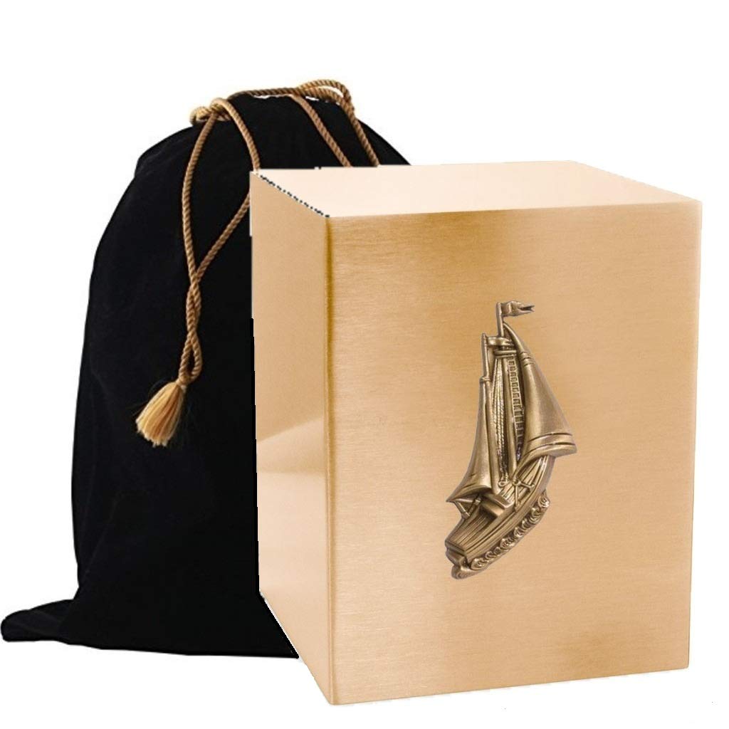 Handcrafted Custom Gold Applique Cremation Urn for Adults - Elegant Metal Ashes Box with Free Storage Bag (Sailing Boat Design) - Perfect for Memorial Services & Home Display