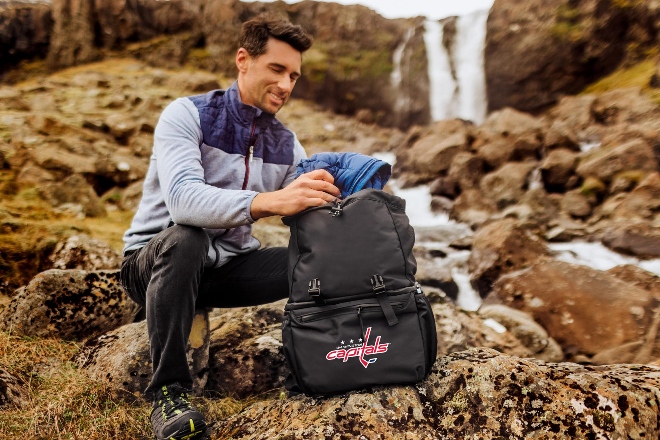 PICNIC TIME NHL Washington Capitals Recycled Material Backpack Cooler - Insulated Soft Cooler Bag with Upcycled Fabric, Carbon Black | Perfect for Tailgating, Beach Trips & Outdoor Adventures