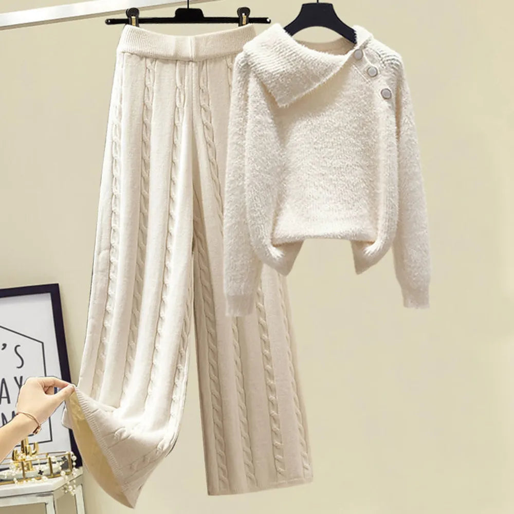 2024 Winter Warm 3-Piece Knit Outfit Set for Women - Cozy Knitted Sweater, Soft Lamb Wool Vest & Stylish Wide-Leg Twist Pants | Perfect for Casual Wear, Office Outfits & Winter Fashion