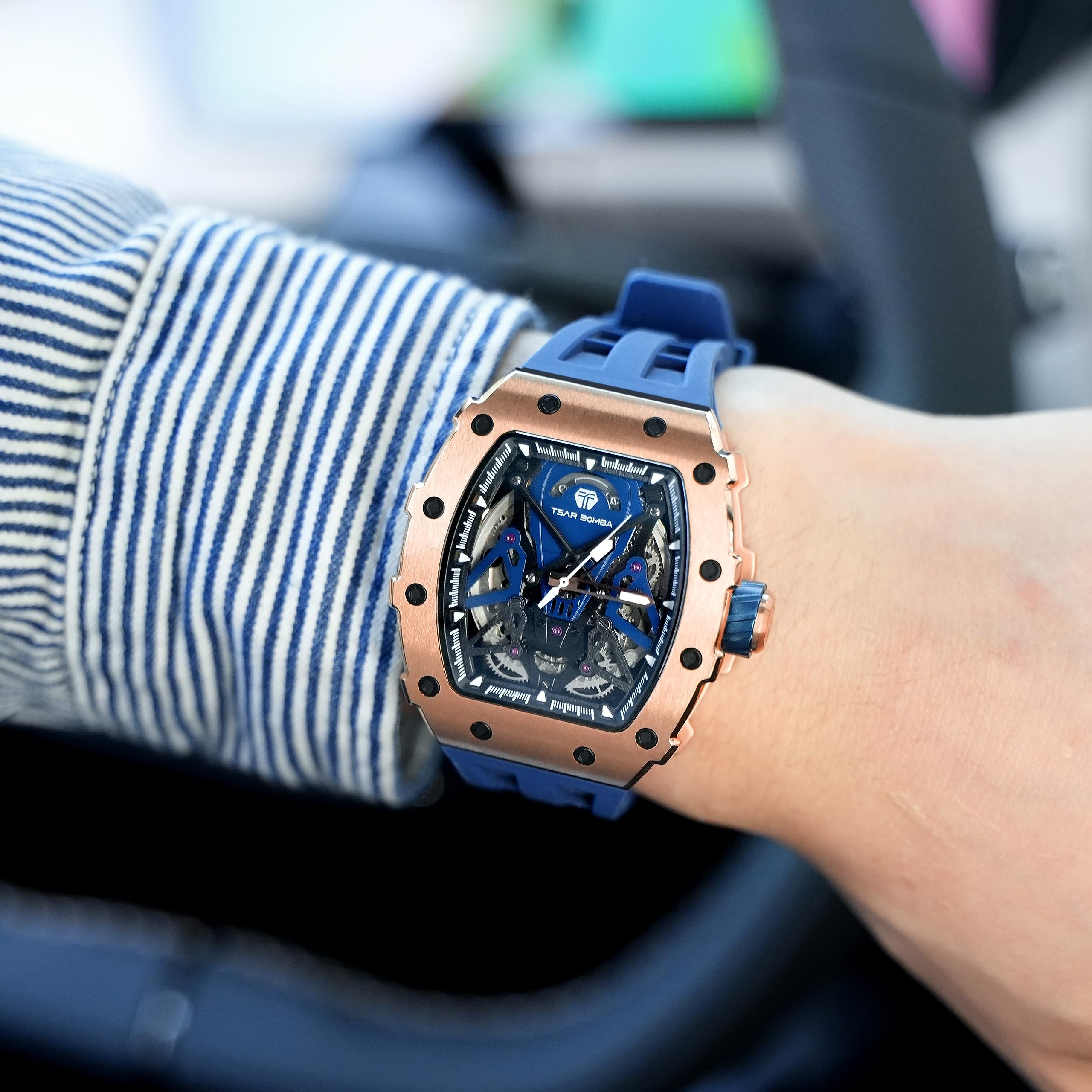 TSAR BOMBA Luxury Men's Watch - 50M Waterproof Tonneau Chronograph with Silicone Band & Mechanical Movement - Perfect for Business, Casual Wear & Gifts for Him