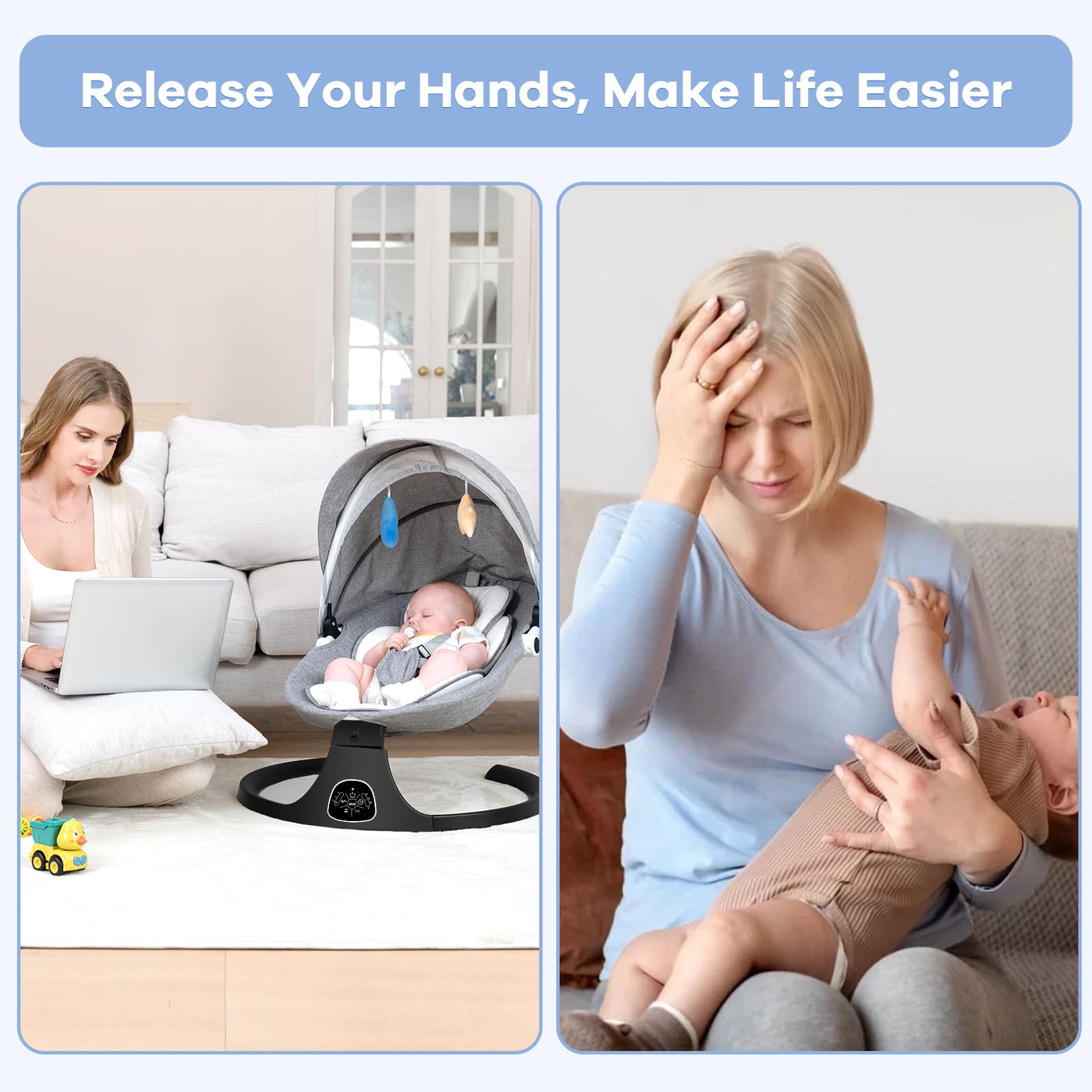 Electric Baby Swing for Infants - 5 Speed Adjustable Rocker with 10 Soothing Lullabies, Remote Control, AC Adapter & Battery Powered (Gray) - Perfect for Nursery, Living Room, Backyard & Travel Use