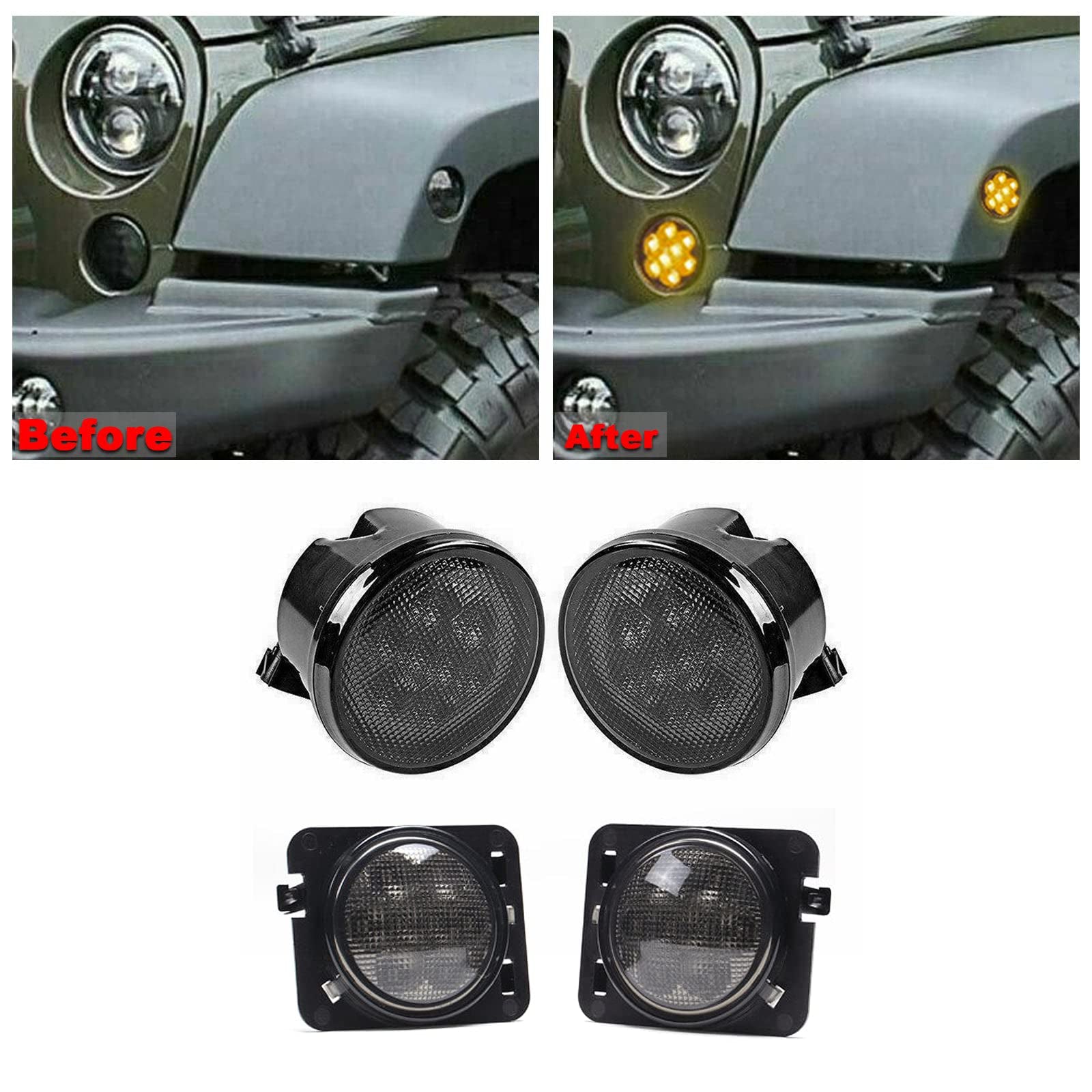 LOYO 4pcs Smoked Lens LED Front Grill Marker Lights & Turn Signal Lights for Jeep Wrangler JK - Off-Road Style Upgrade for Daytime Running & Night Visibility