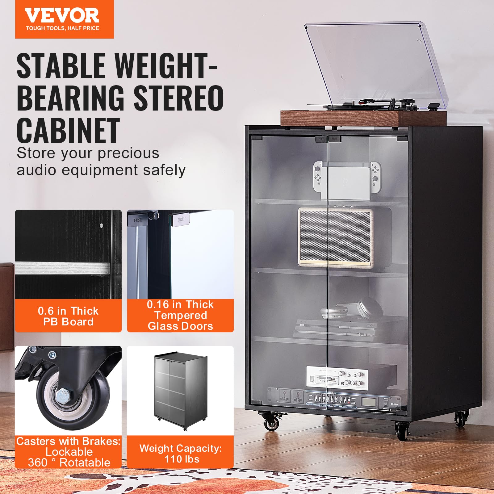 VEVOR 5-Tier Rolling TV Stand with Adjustable Shelves - Wooden Media Storage Cabinet for DVD Players, Cable Boxes, Gaming Consoles - Perfect for Living Room, Home Theater & Game Room Setup (Black)