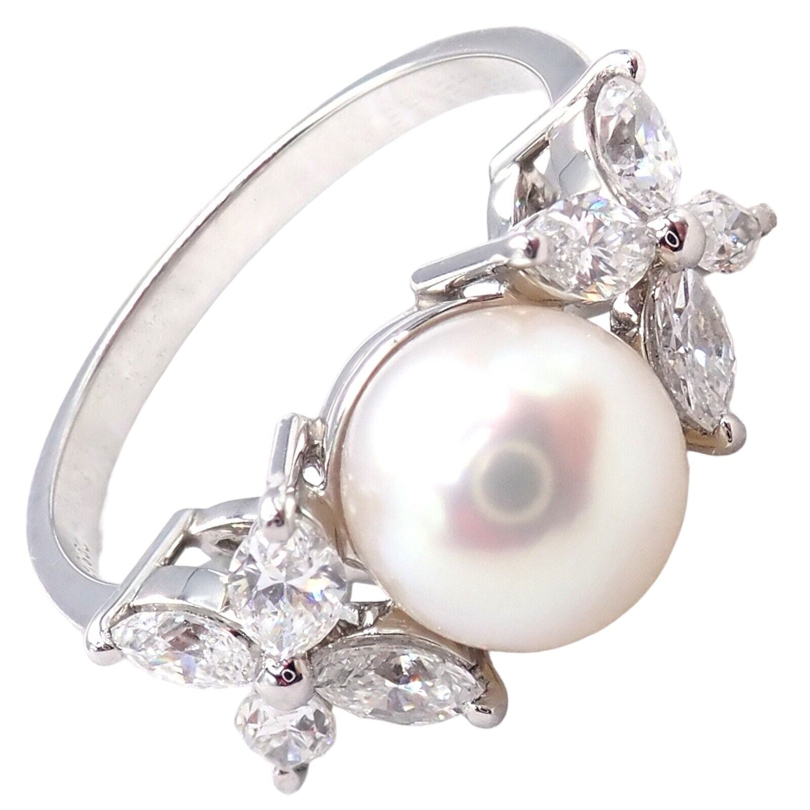 Authentic Tiffany & Co Victoria Platinum Diamond 7.5mm Pearl Band Ring for Women - Elegant Wedding, Engagement & Anniversary Jewelry Gift