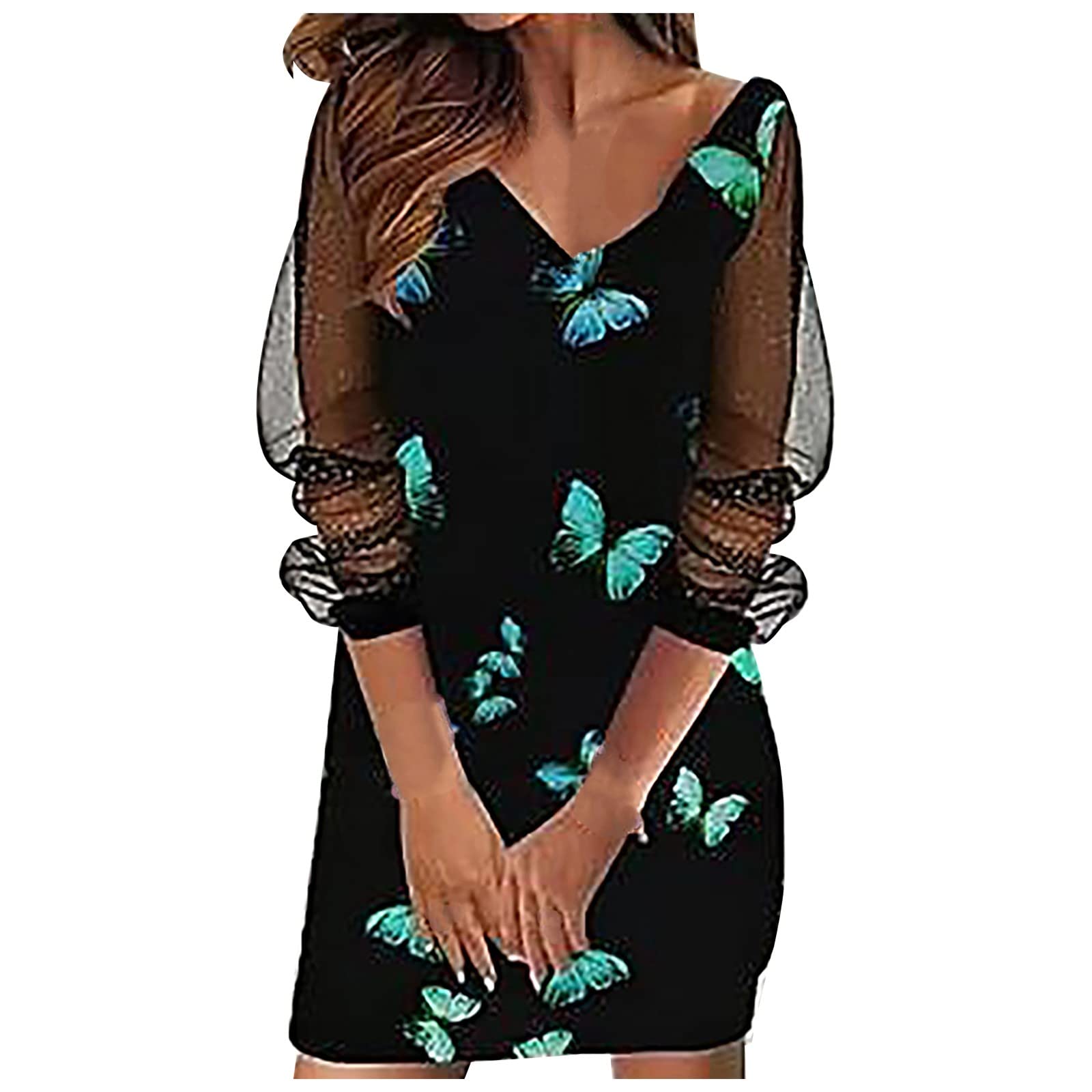 Women's Summer Work Dresses - V-Neck Long Sleeve Printed Tulle Dress with Lace Details | Office Wear, Party & Casual Outfits for Women | Perfect for Business Meetings, Cocktail Events & Summer Weddings