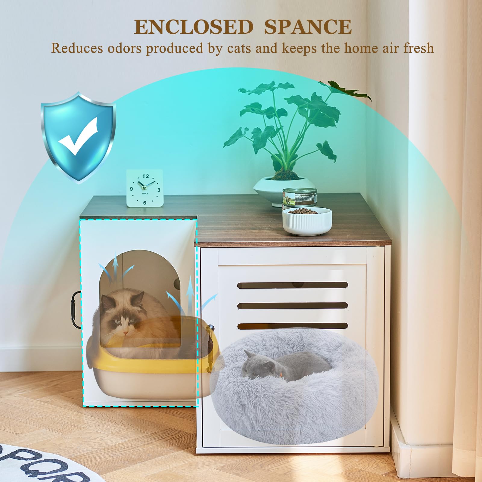 Hidden Litter Box Furniture for 2 Cats - Corner Litter Box Enclosure Cabinet with Double Room, Indoor Cat House End Table (31.5