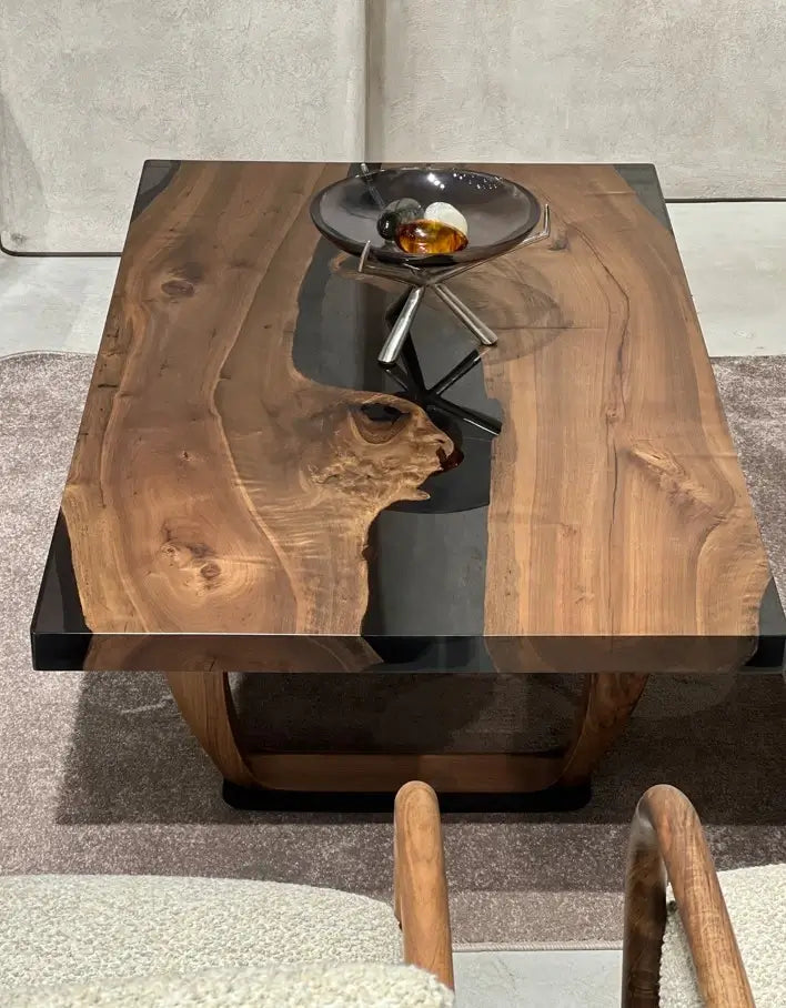 Modern Smoked Gray Resin Coffee Table with Solid Walnut Wood Legs - Stylish & Durable Living Room Furniture for Home Decor