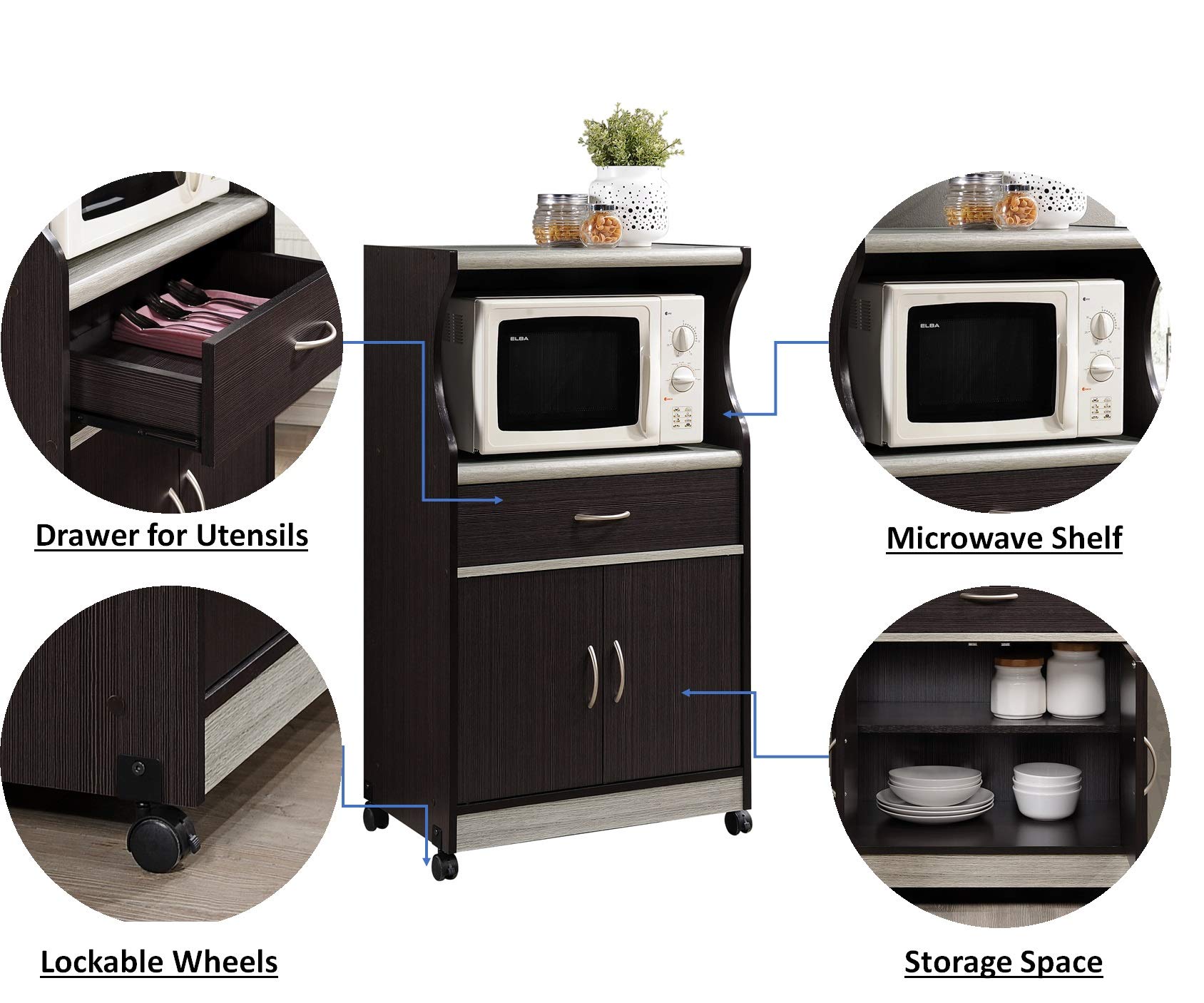 Hodedah Microwave Cart with Storage Drawer, 2 Doors & Shelf - Compact Kitchen Organizer for Small Spaces, Chocolate Grey - Perfect for Apartments, Dorms & RVs