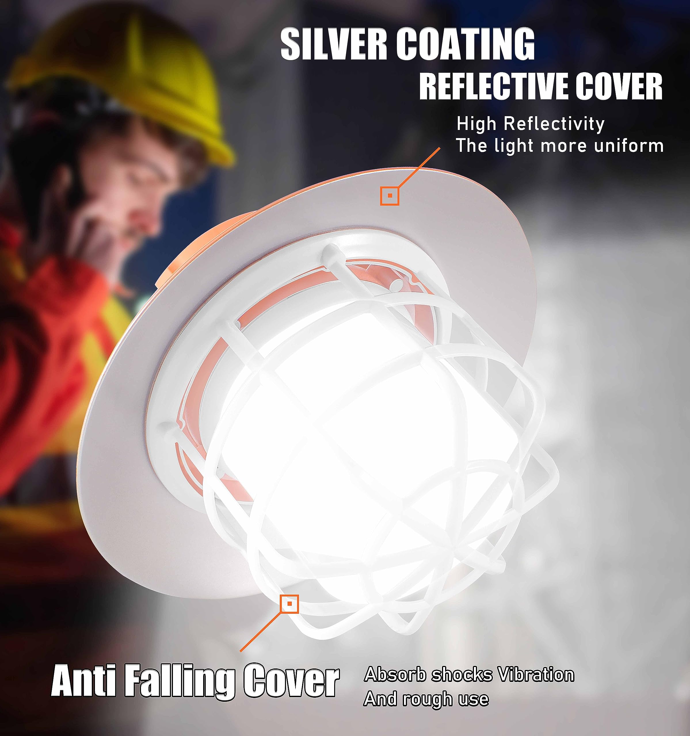 90W LED Construction String Lights 60FT 9000 Lumens - Heavy Duty Work Lights with Reflective Cover, Protective Cage & Hooks - Perfect for Job Sites, Attics, Warehouses, Outdoor Lighting & Emergency Work Areas