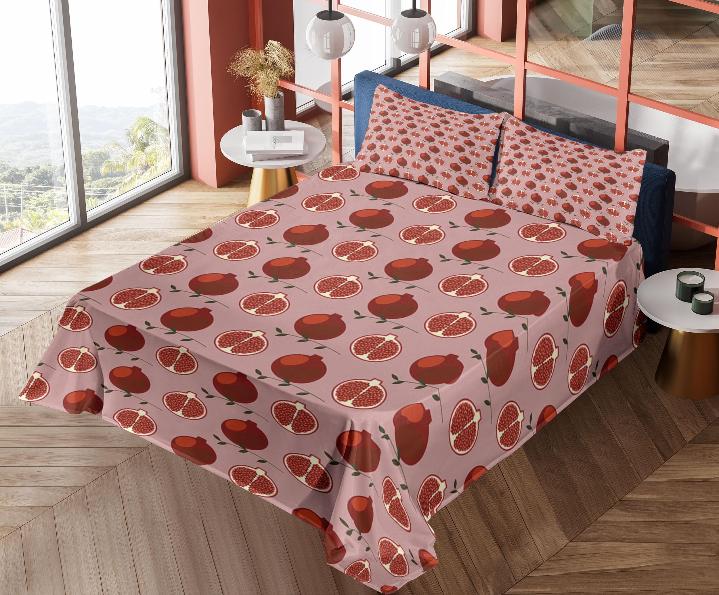Ambesonne Pomegranate 4-Piece King Size Sheet Set - Juicy Fruit & Twig Pattern Bedding in Blush & Vermilion | Soft Cotton Blend for Comfortable Sleep | Perfect for Master Bedroom, Guest Room & Vacation Homes