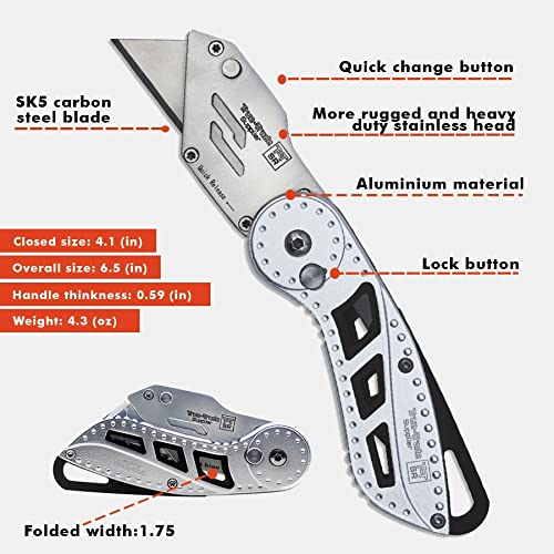 Heavy Duty Folding Utility Knife with Maintenance Tool - Stainless Steel Box Cutter with Nylon Holster & Belt Clip - Durable Roofing Knife with 1-Year Warranty - Perfect for Construction, DIY Projects, and Packaging Work