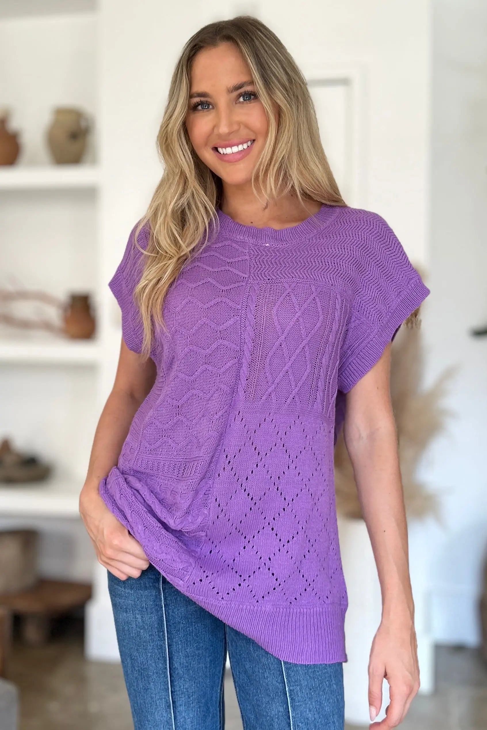 Double Take Full Size Cable Knit Round Neck Cap Sleeve Sweater for Women - Cozy Winter Pullover for Office, Date Night & Casual Outfits