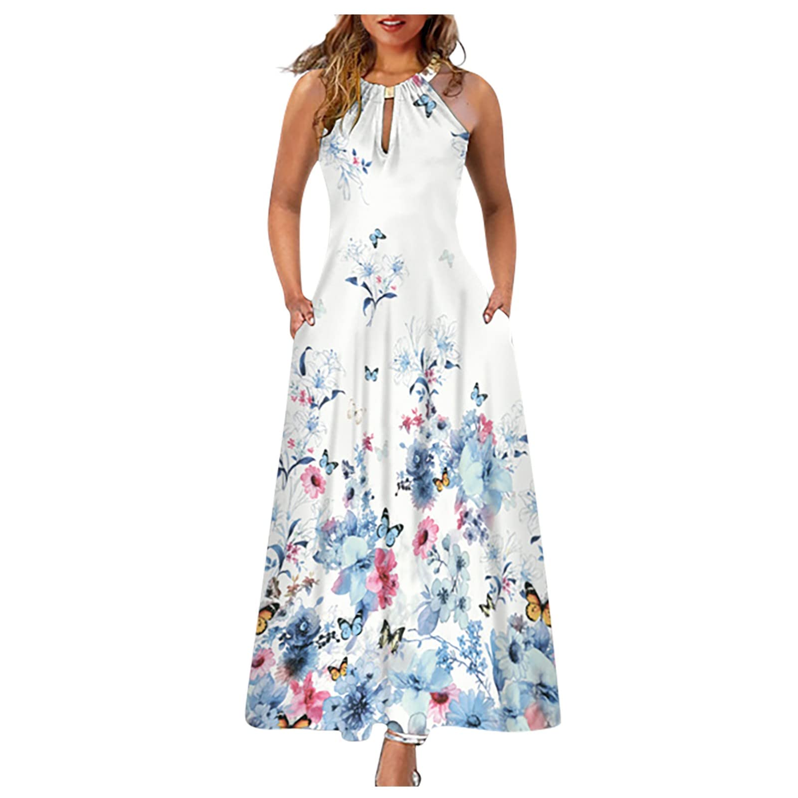 Plus Size Women's Halter Button Print Sun Dress - Casual Summer Short Sleeve Flowy Dress for Beach, Vacation & Outdoor Activities