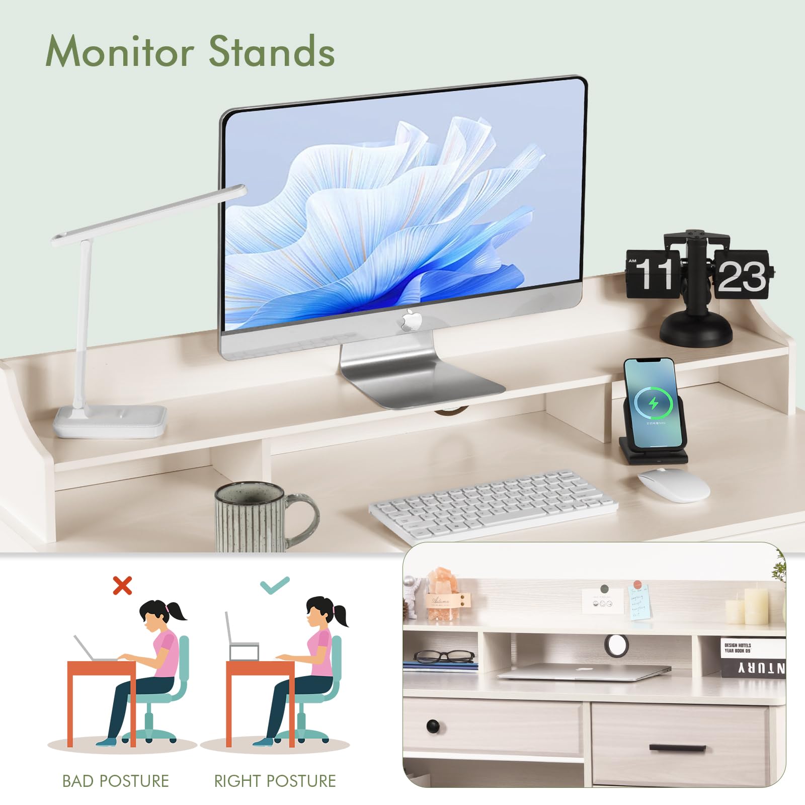 Farmhouse Style Computer Desk with Drawers & Hutch - Solid Wood Writing Desk for Home Office, Study & Small Spaces - Includes File Storage - Perfect for Bedroom, Dorm or Workspace (Milky White)