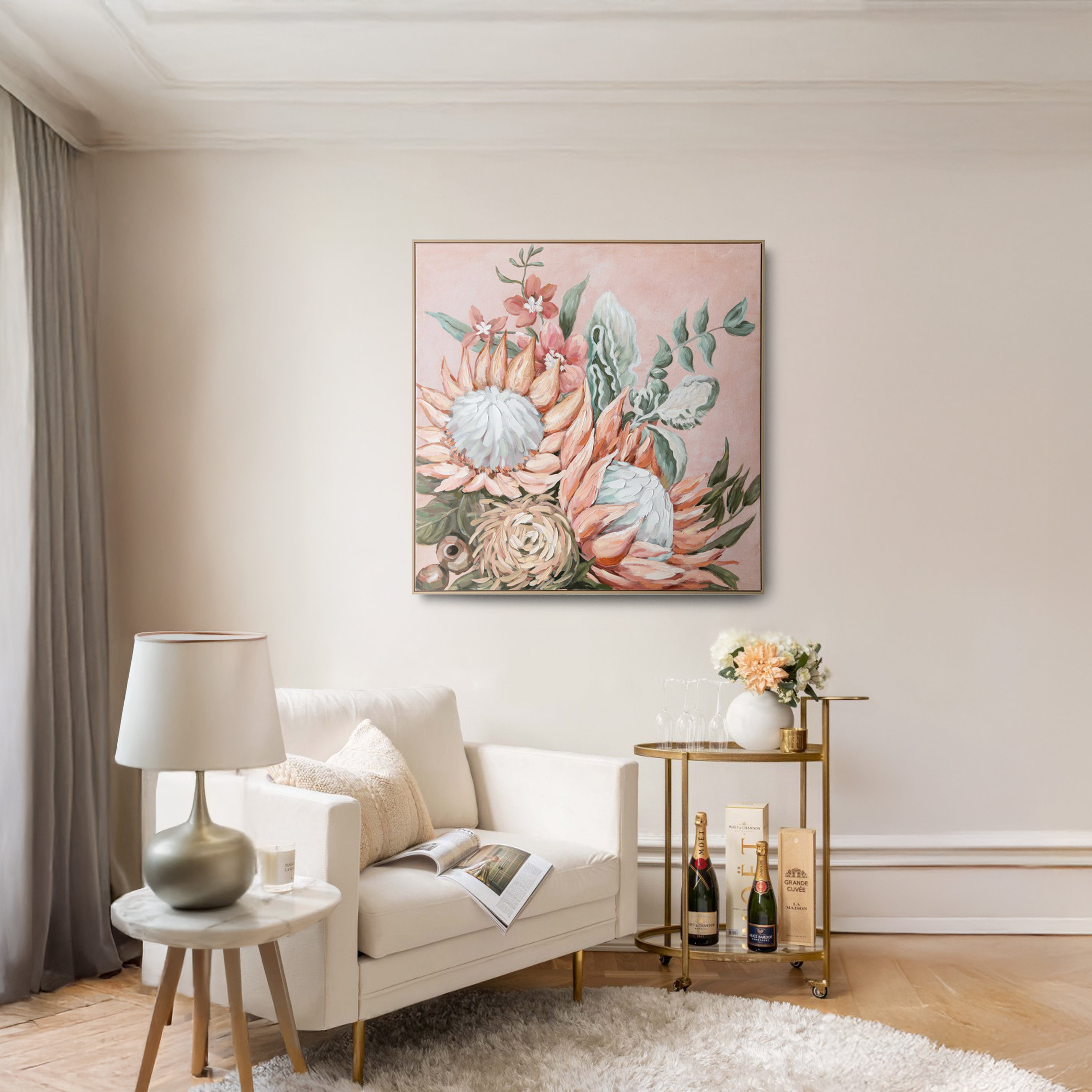 Urban Style Brushmarks Embellished Canvas Protea Pink - Modern Wall Art for Living Room, Bedroom & Office Decor