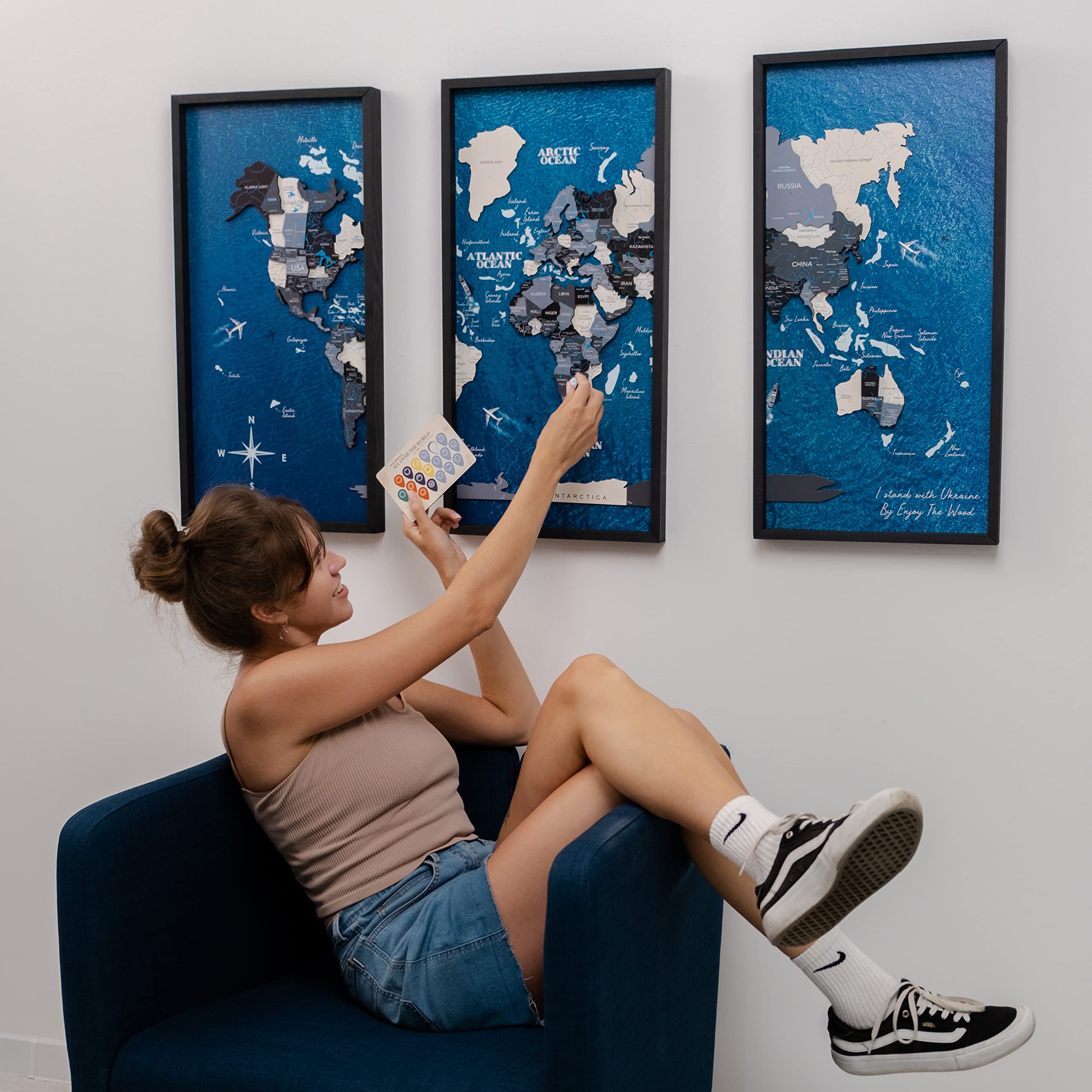 3D Wooden World Map Wall Art - Framed Travel Decor Triptych Panel Set for Home & Office - Rustic Housewarming Gift (Medium, Aqua) | Perfect for Living Room, Bedroom Decor & Travel Enthusiast Gifts