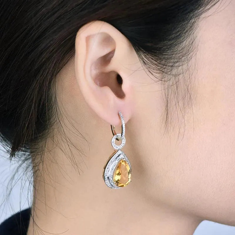 14Kt Yellow Gold Natural Pear Citrine Drop Earrings for Women - 10x14mm Yellow Citrine with Diamonds, Fine Jewelry, OL Style - Perfect for Parties, Weddings & Everyday Elegance