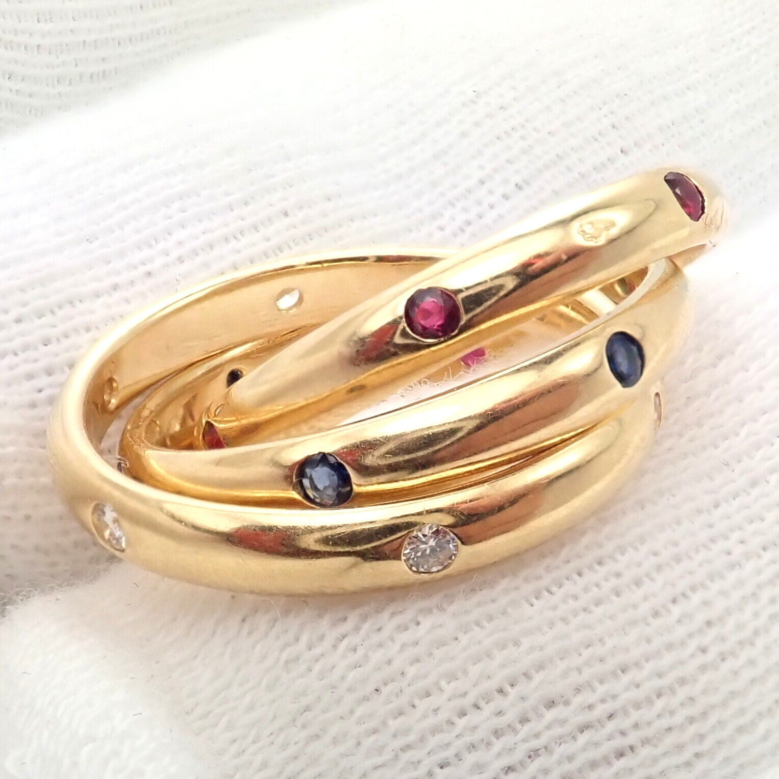 Authentic Cartier 18k Yellow Gold Ruby Sapphire Diamond Trinity Band Ring Vintage 1995 - Luxury Jewelry for Anniversary, Wedding & Special Occasions