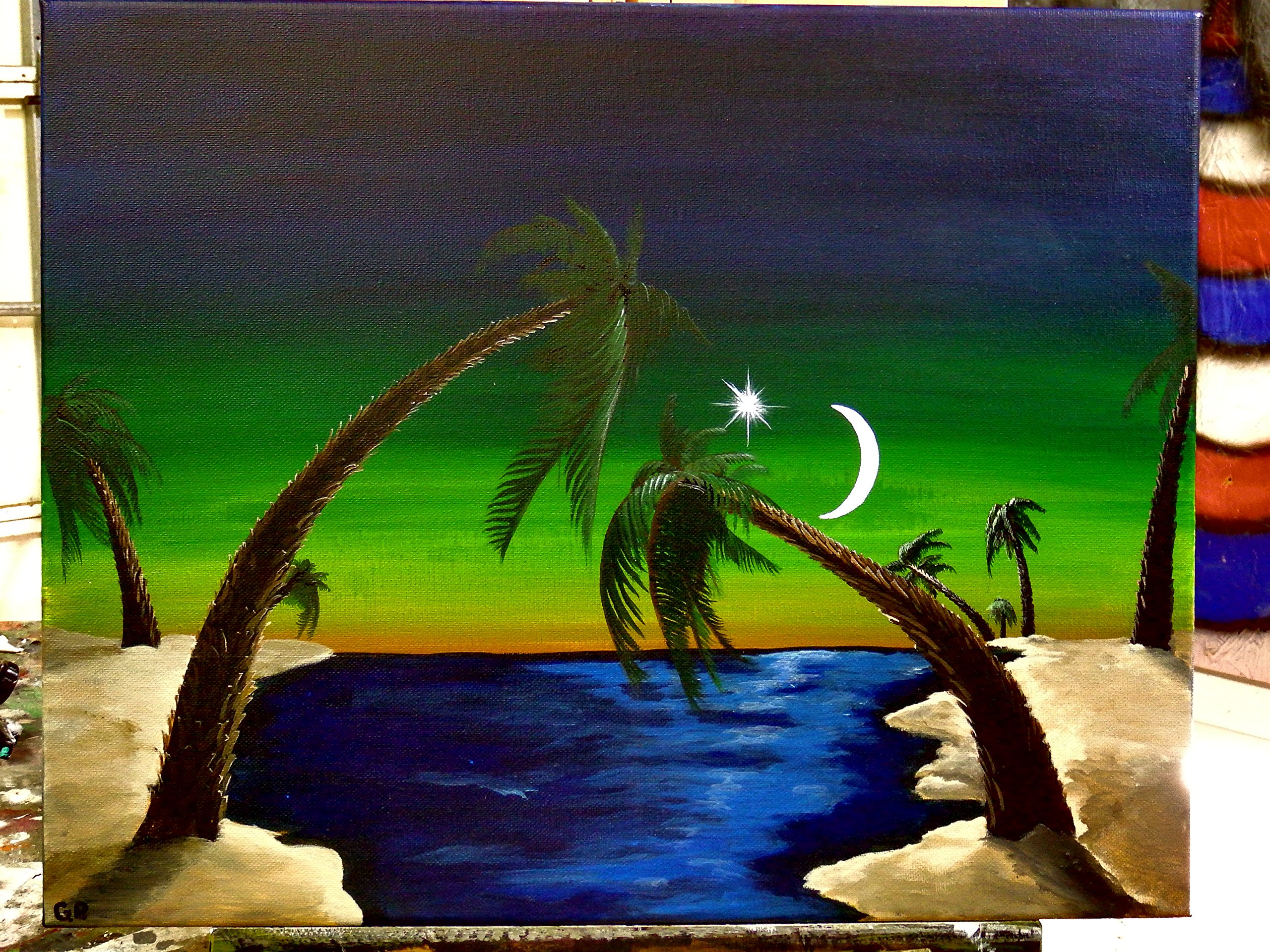 Original Acrylic Seascape Painting - Beach Palm Trees Ocean Artwork | Quiet Cove Wall Decor for Living Room, Bedroom & Office