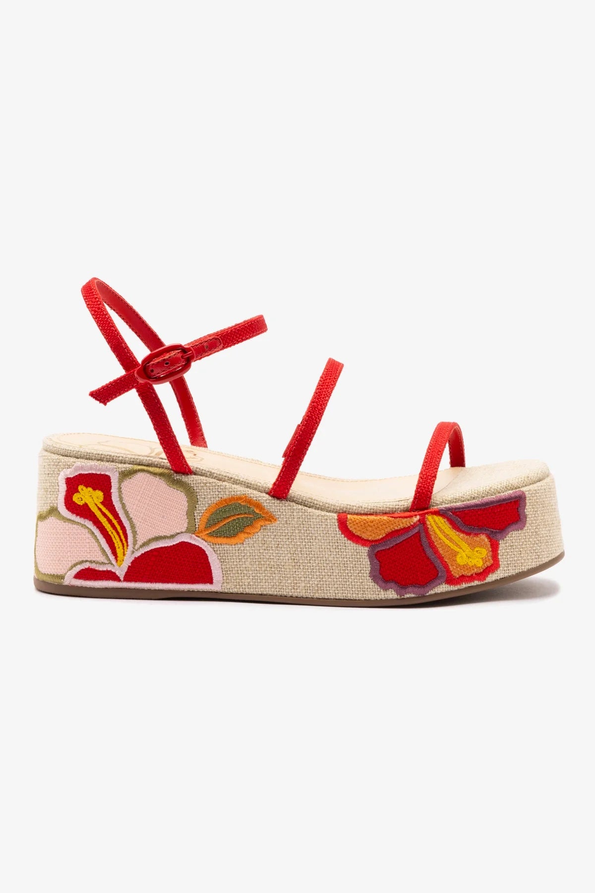 Gio Flatform Sandal - Women's Scarlet Raffia Sandals with Hibiscus Embroidery | Comfortable Summer Beach Shoes for Vacation & Outdoor Activities