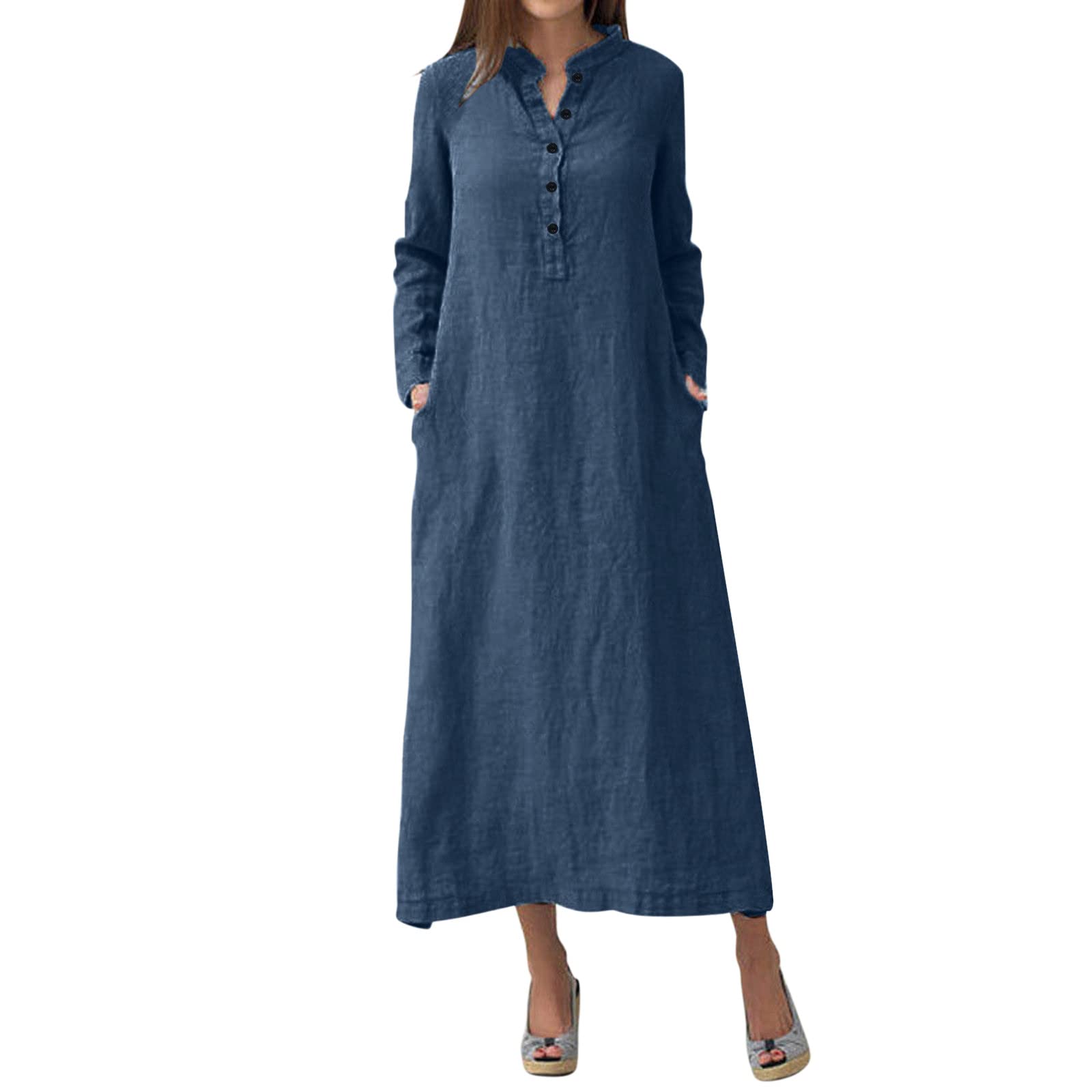 Stylish 2022 Women's Summer Casual Dresses - Solid Color Round Neck Button Up Long Sleeve Midi Dress | Perfect for Beach Vacations, Date Nights & Office Wear