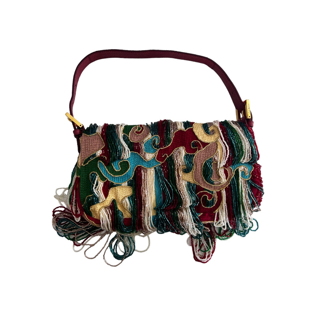 FENDI Multicolor Beaded Wave Print Fringe Baguette Bag - Stylish Crossbody Purse for Women, Perfect for Parties, Weddings & Evening Events
