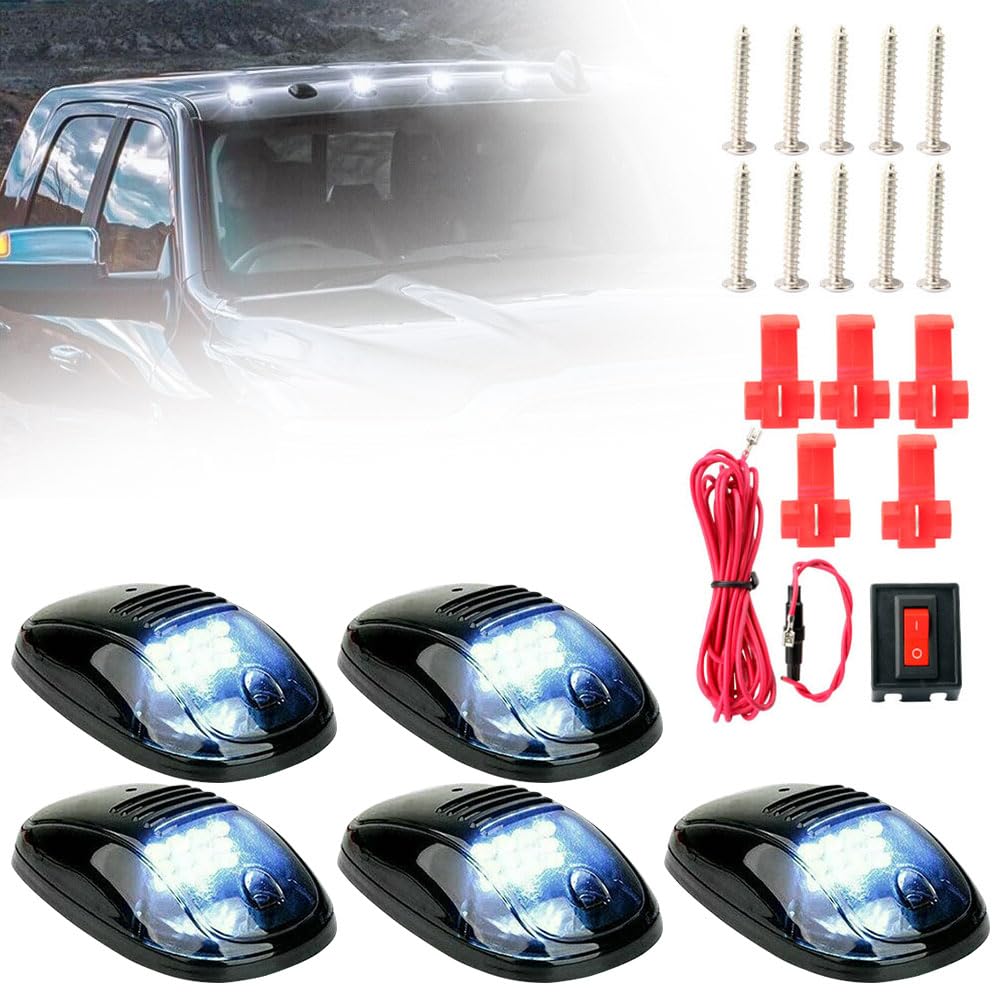 Solar Truck Cab Lights - Wireless, No Drill - for Roof Top Marker & Running - Black Shell, White Lights (5 Pack) - Perfect for Night Driving & Safety
