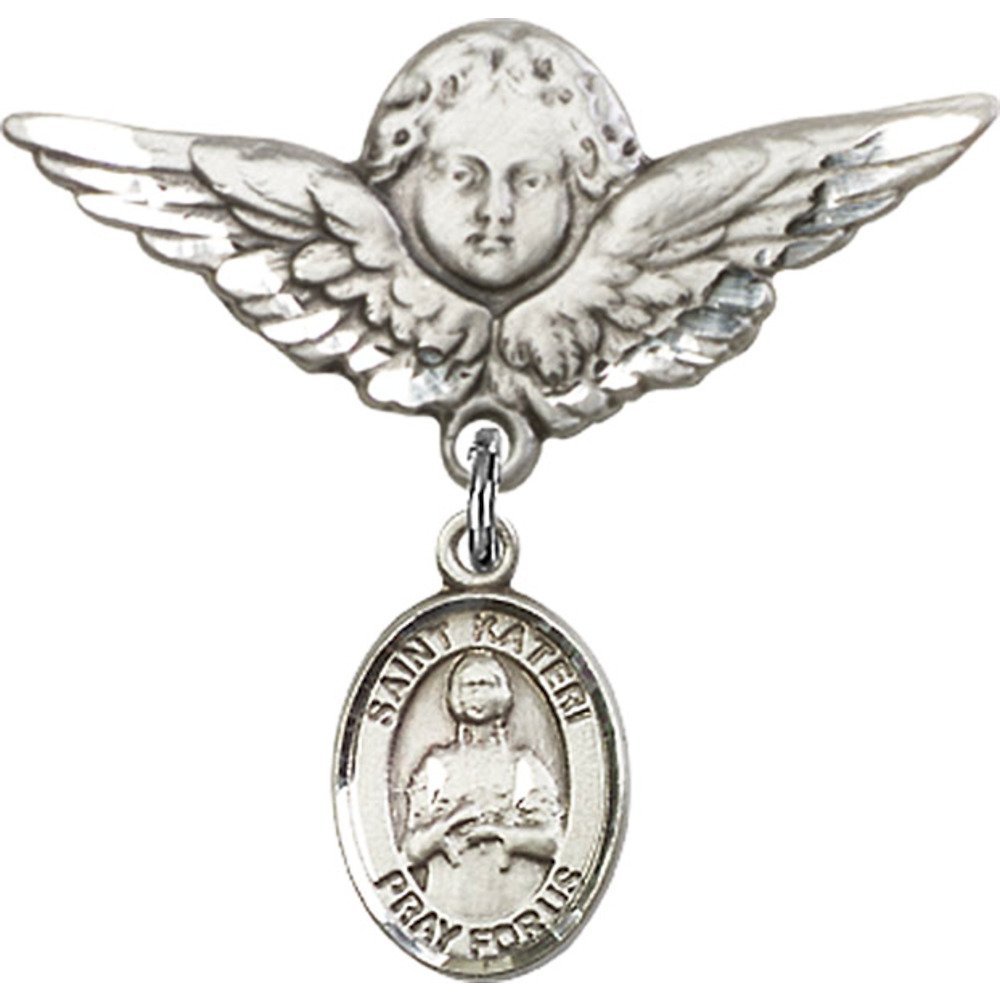 Sterling Silver Baby Badge with St. Kateri Charm & Angel Wing Pin - 1 1/8