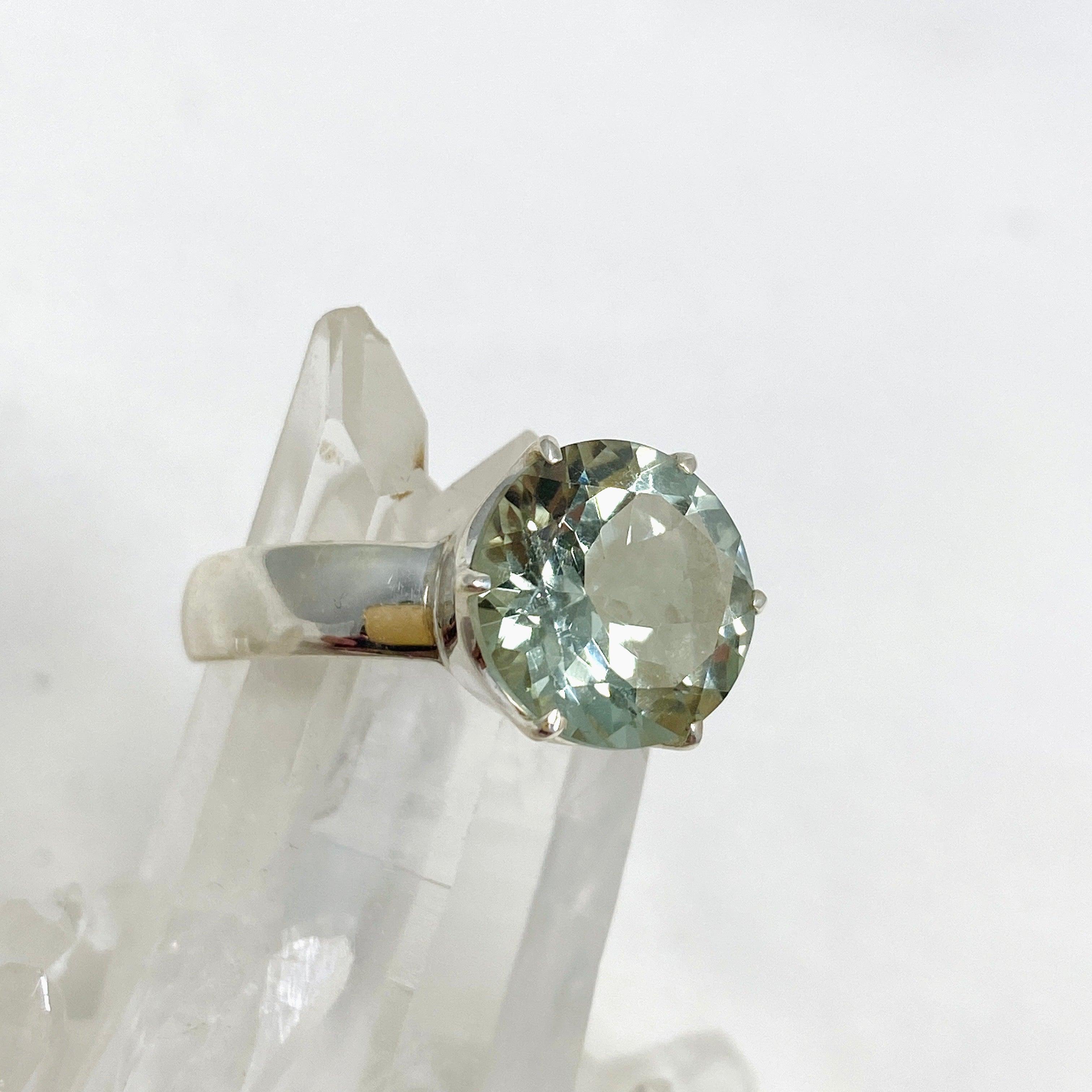 Natural Prasiolite (Green Amethyst) Faceted Round Ring - Size 12 - PRGJ415 - Perfect for Engagement, Wedding & Special Occasions