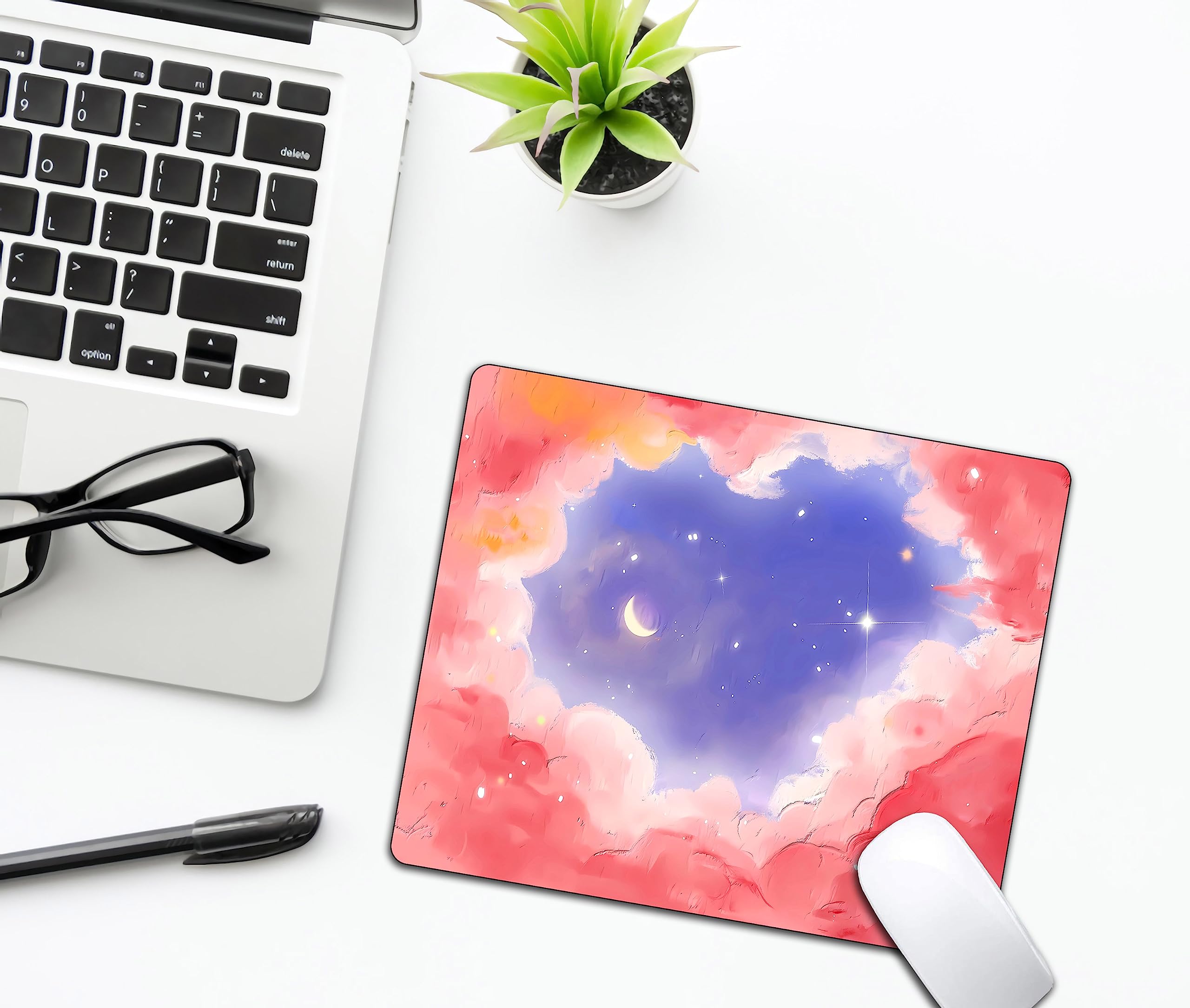 Stylish Pink Moon Cloud & Blue Galaxy Mouse Pad - Non-Slip Rubber Base for Wireless Mouse, Laptop, Office & Home Use | Perfect for Gaming, Work & Study