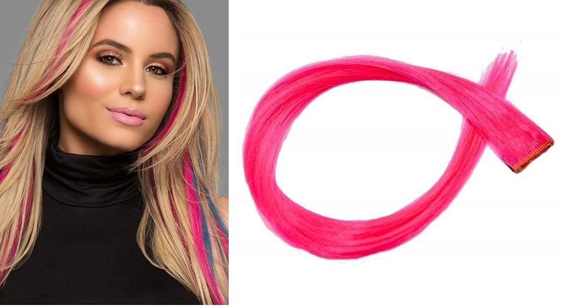 Verbier Hair Streak Synthetic Colorful Hair Extensions for Women & Girls - 2-Piece Set (Neon Pink) | Perfect for Parties, Cosplay, and Festival Hairstyles