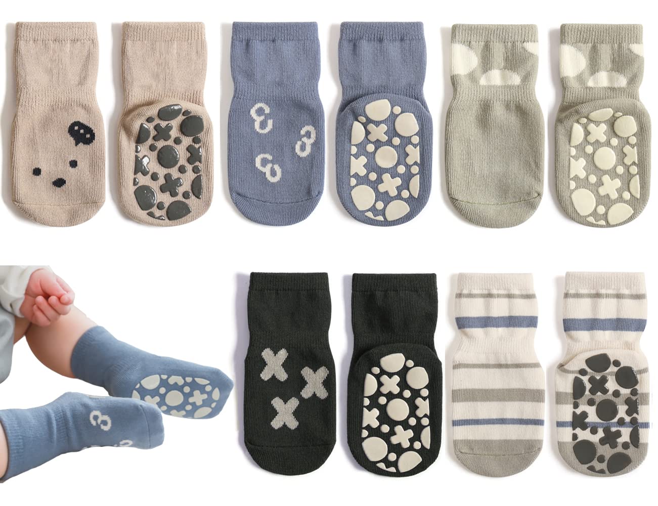 Exegawe Non-Slip Baby Socks with Grips - 5 Pairs Cute Toddler Crew Socks for Boys & Girls - Perfect for Indoor Play, Learning to Walk, and Daycare Safety