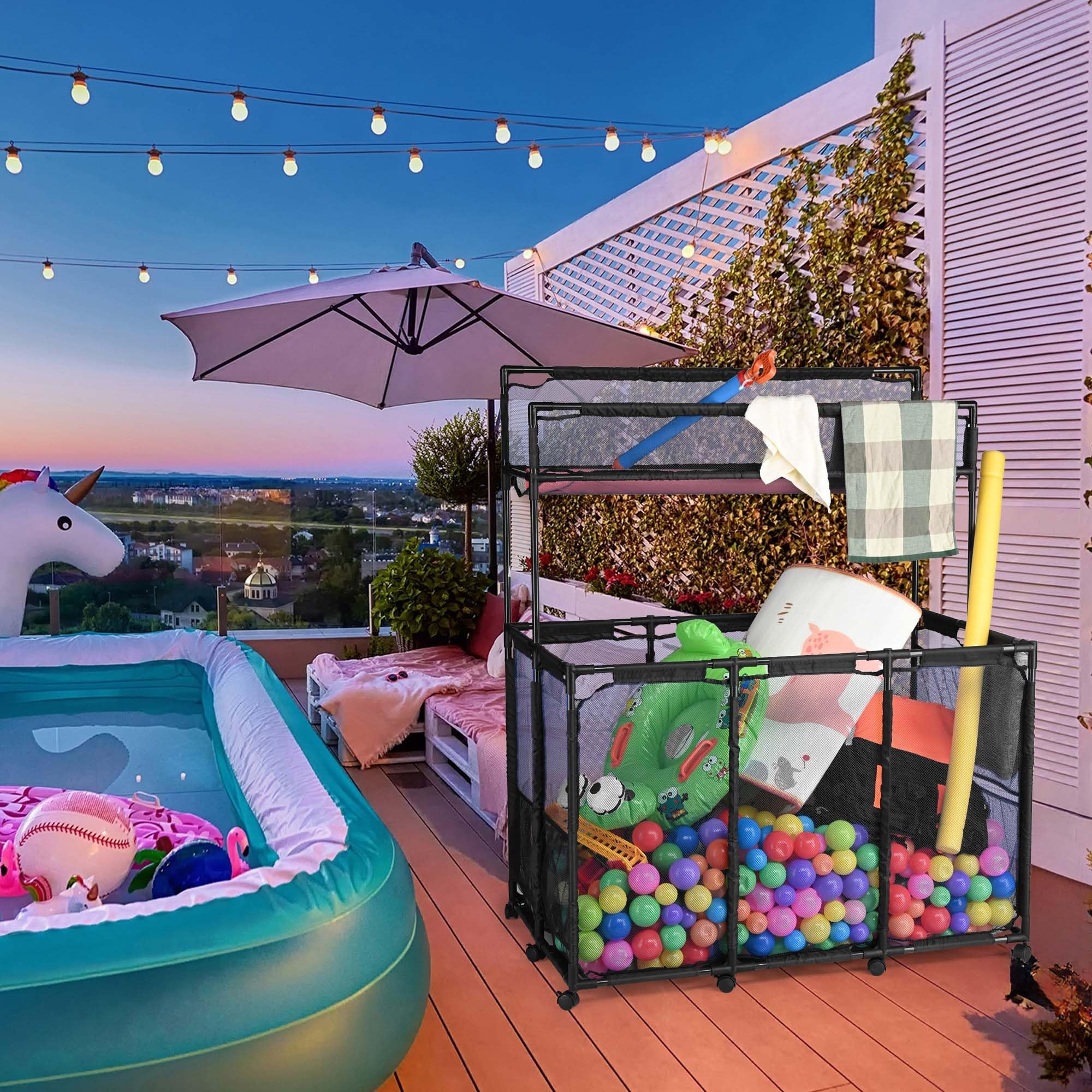Yescom Heavy-Duty 10-Wheel Rolling Mesh Pool Storage Bin - XXL Double Decker with Noodle Holder, Pool Float Organizer - Upgraded Sturdy Connectors, 49