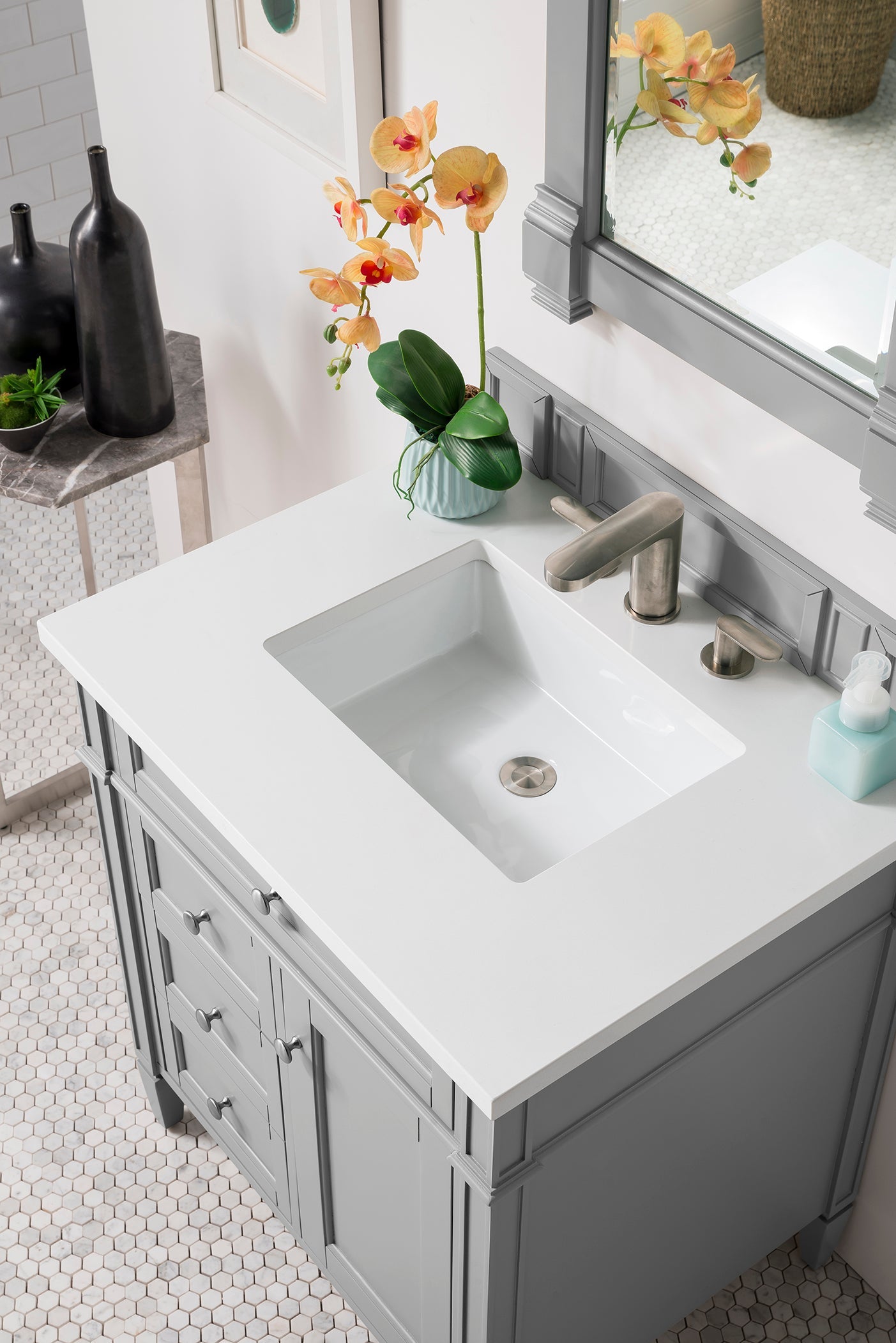 Brittany 30-Inch Single Bathroom Vanity Set in Urban Gray with 3CM Classic White Quartz Countertop - Perfect for Modern Home Bathroom Renovation and Upgrade